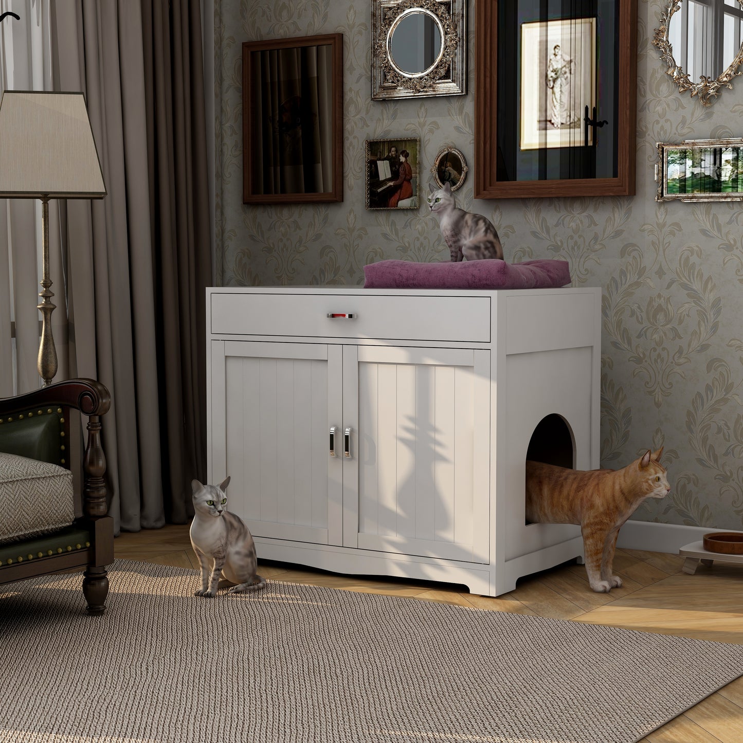 2 Doors Hidden Cat Enclosure Box Furniture Side Table with Hidden Plug- White_2