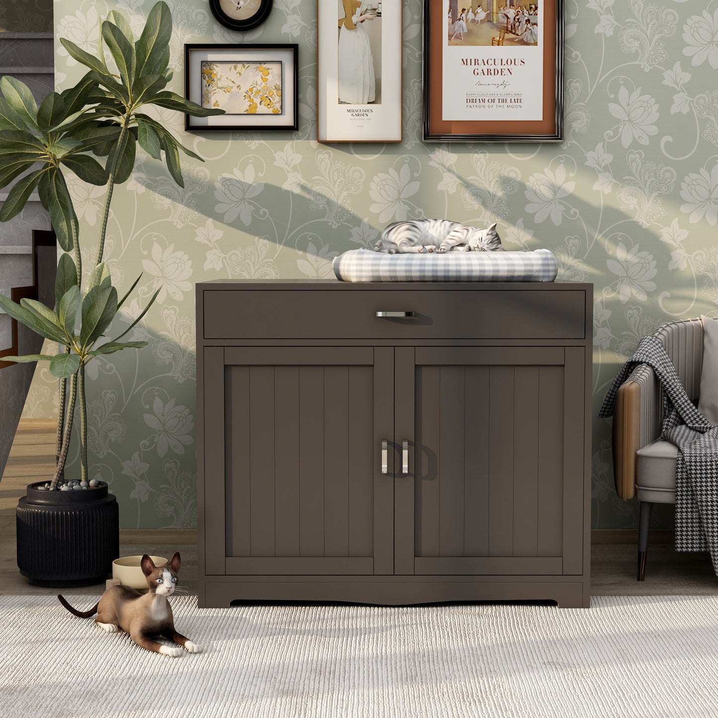 2 Doors Hidden Cat Enclosure Box Furniture Side Table with Hidden Plug- Walnut_0