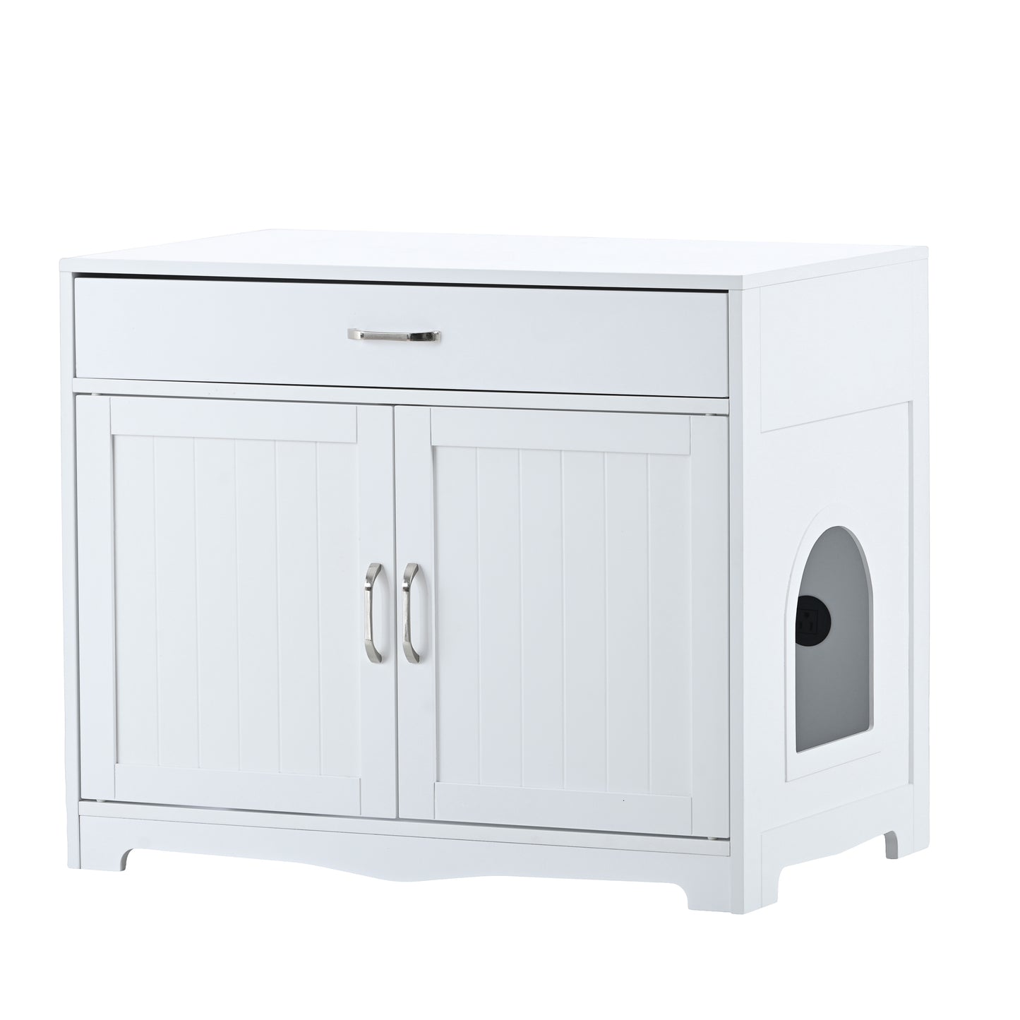 2 Doors Hidden Cat Enclosure Box Furniture Side Table with Hidden Plug- White_6