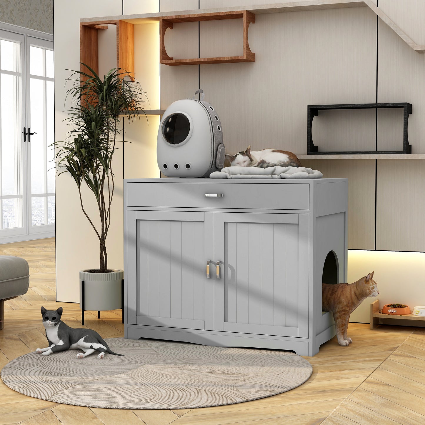 2 Doors Hidden Cat Enclosure Box Furniture Side Table with Hidden Plug- Grey_2