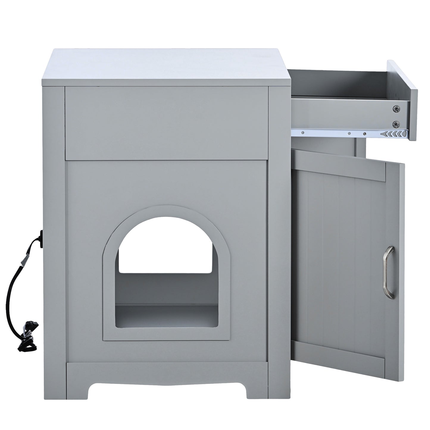 2 Doors Hidden Cat Enclosure Box Furniture Side Table with Hidden Plug- Grey_12