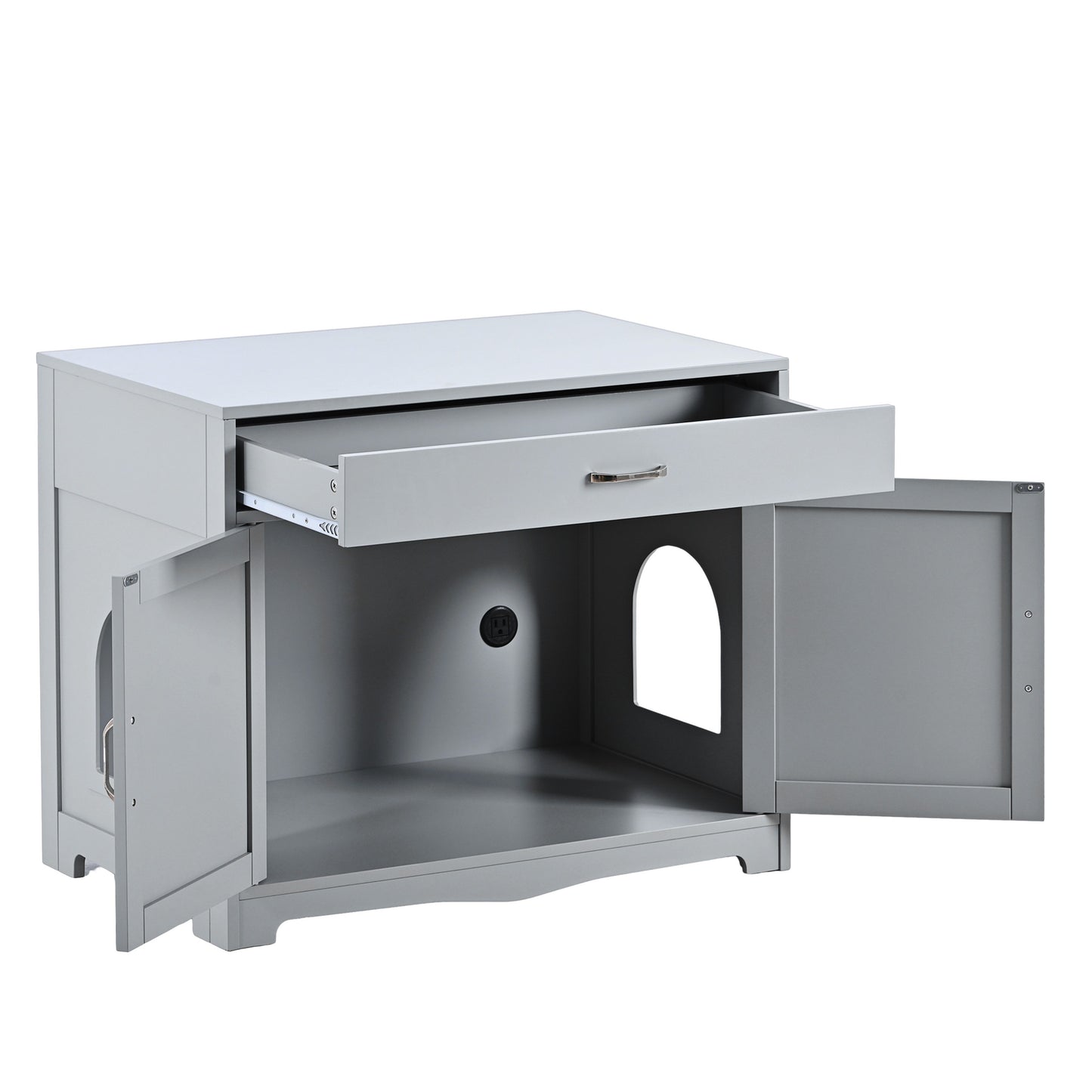 2 Doors Hidden Cat Enclosure Box Furniture Side Table with Hidden Plug- Grey_10