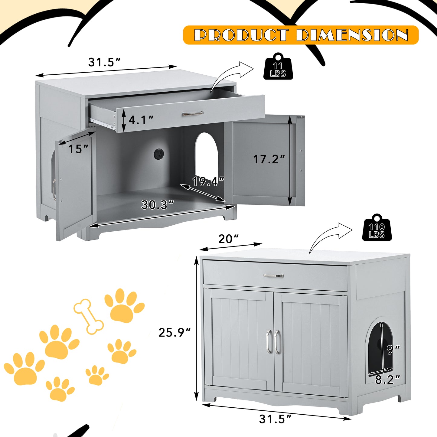2 Doors Hidden Cat Enclosure Box Furniture Side Table with Hidden Plug- Grey_3