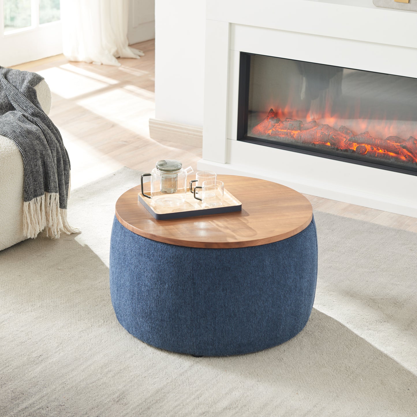 2 in 1 Round Storage Organizer and Foot Stool with Wooden Lid- Navy_2