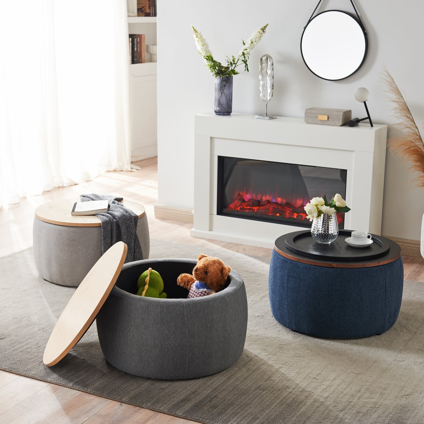 2 in 1 Round Storage Organizer and Foot Stool with Wooden Lid- Navy_6