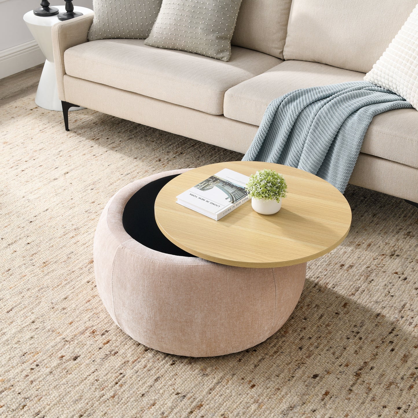 2 in 1 Round Storage Organizer and Foot Stool with Wooden Lid- Pink_2