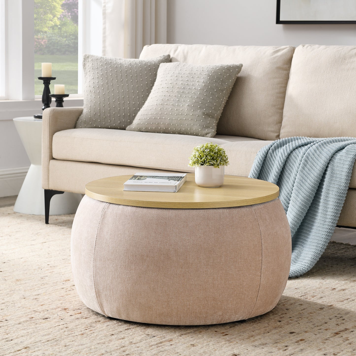 2 in 1 Round Storage Organizer and Foot Stool with Wooden Lid- Pink_4