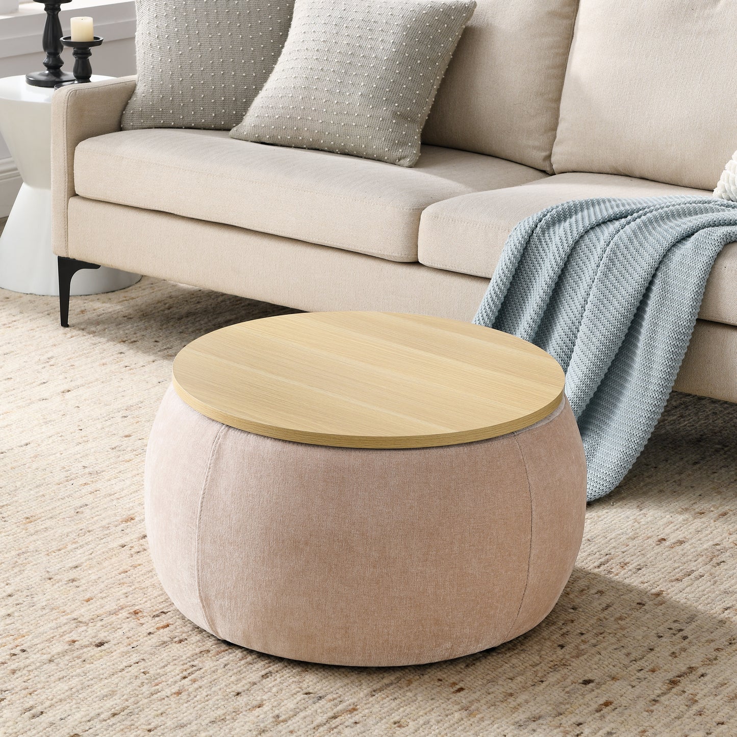 2 in 1 Round Storage Organizer and Foot Stool with Wooden Lid- Pink_3