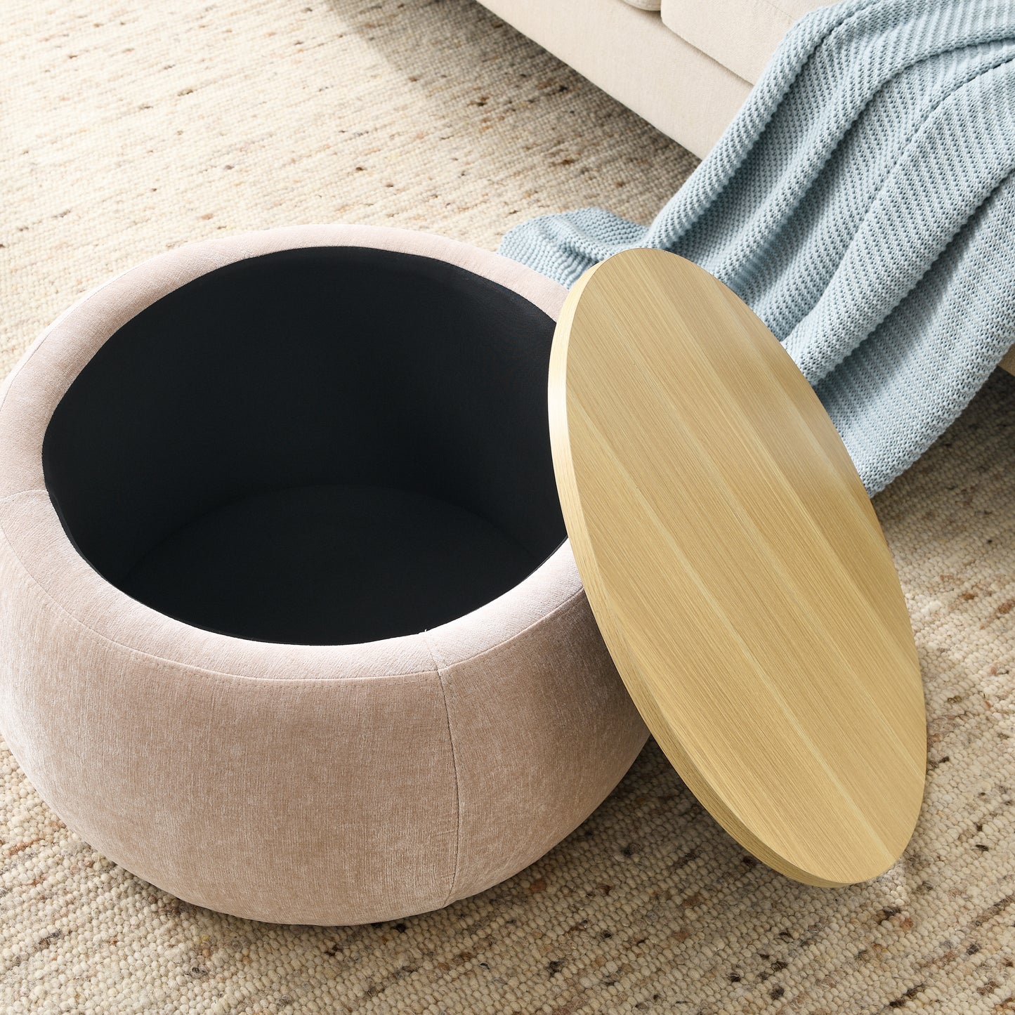 2 in 1 Round Storage Organizer and Foot Stool with Wooden Lid- Pink_6