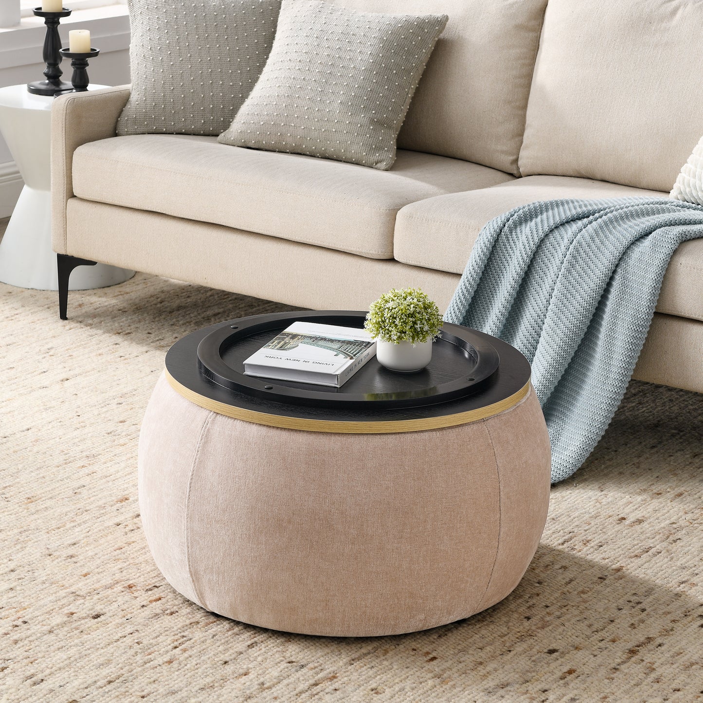 2 in 1 Round Storage Organizer and Foot Stool with Wooden Lid- Pink_5