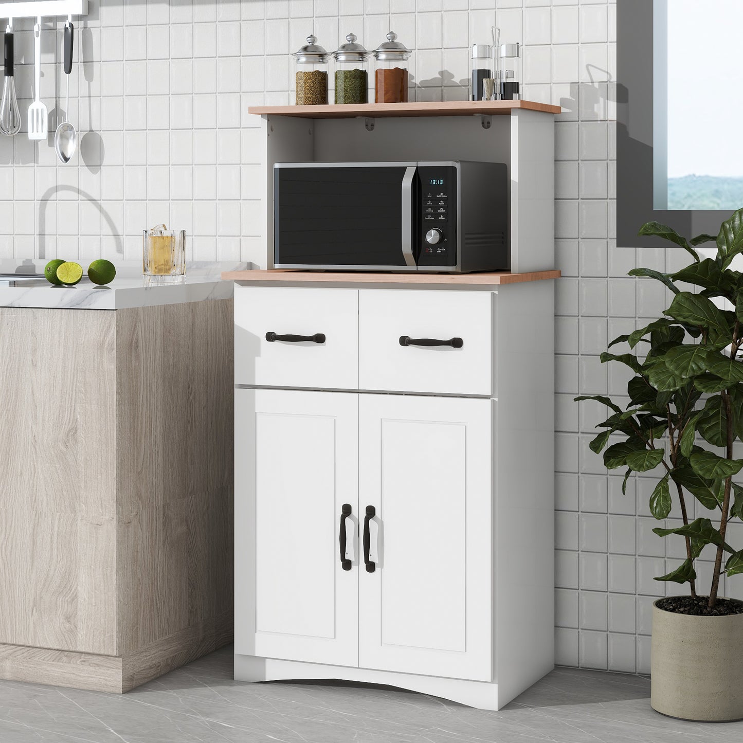 Wooden Kitchen Pantry Storage Microwave Cabinet with Storage Drawer- White_1