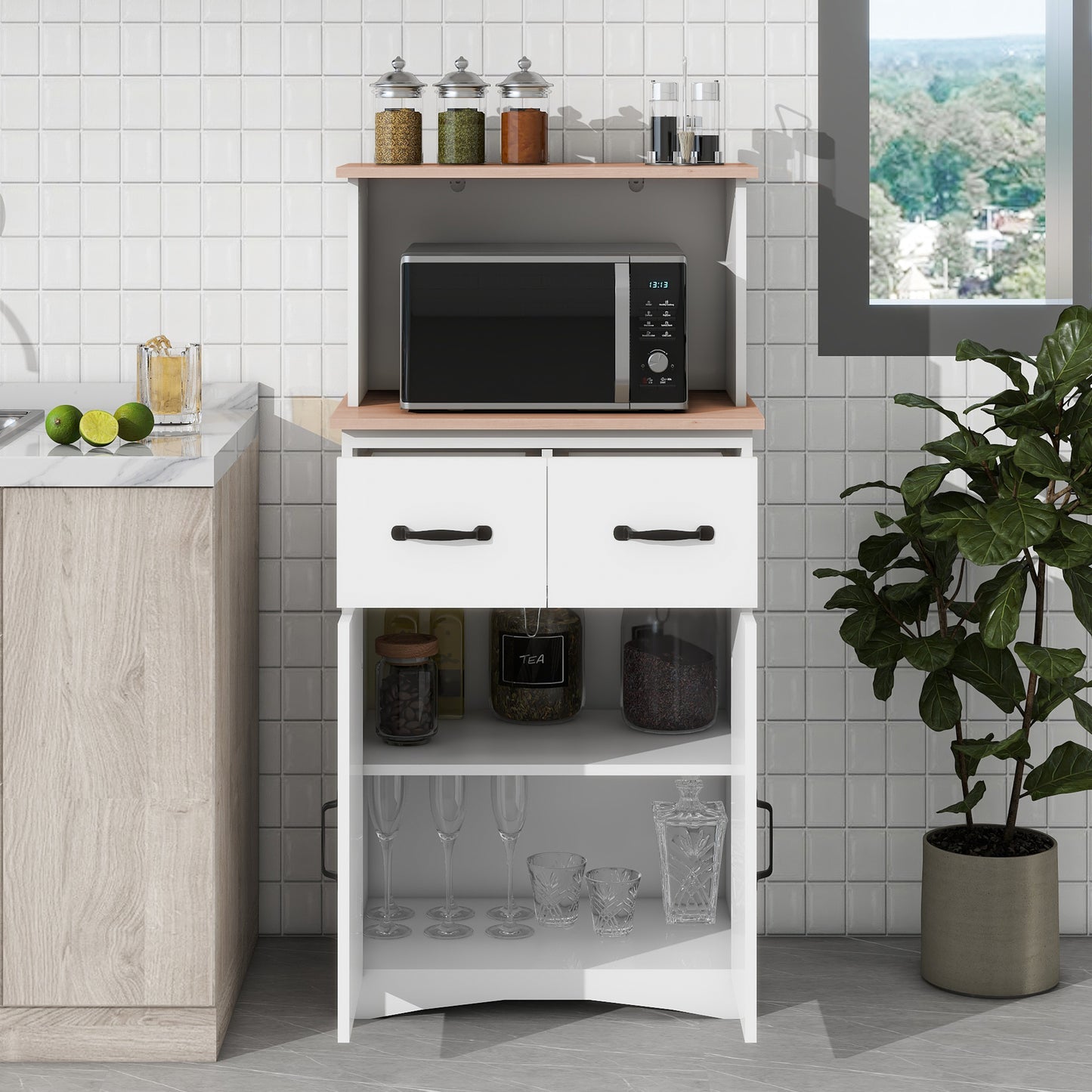 Wooden Kitchen Pantry Storage Microwave Cabinet with Storage Drawer- White_2