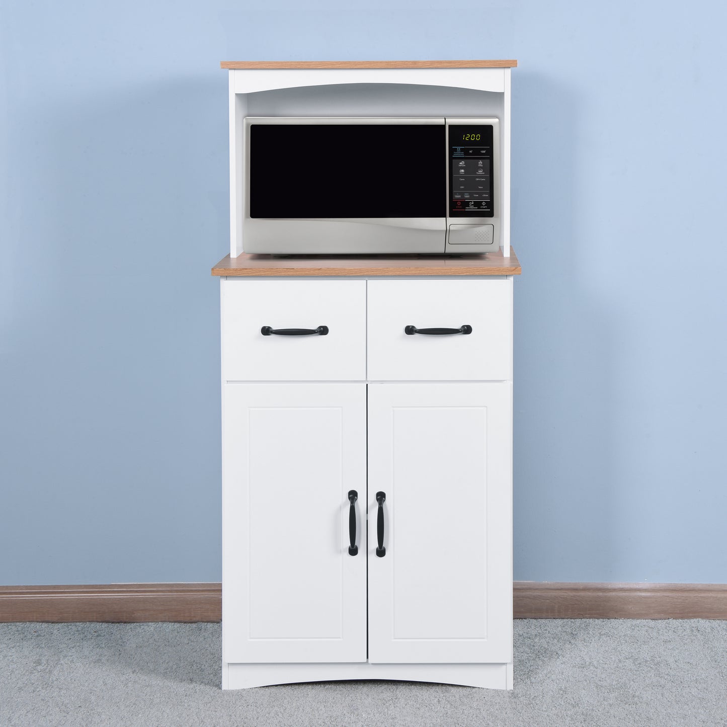 Wooden Kitchen Pantry Storage Microwave Cabinet with Storage Drawer- White_3