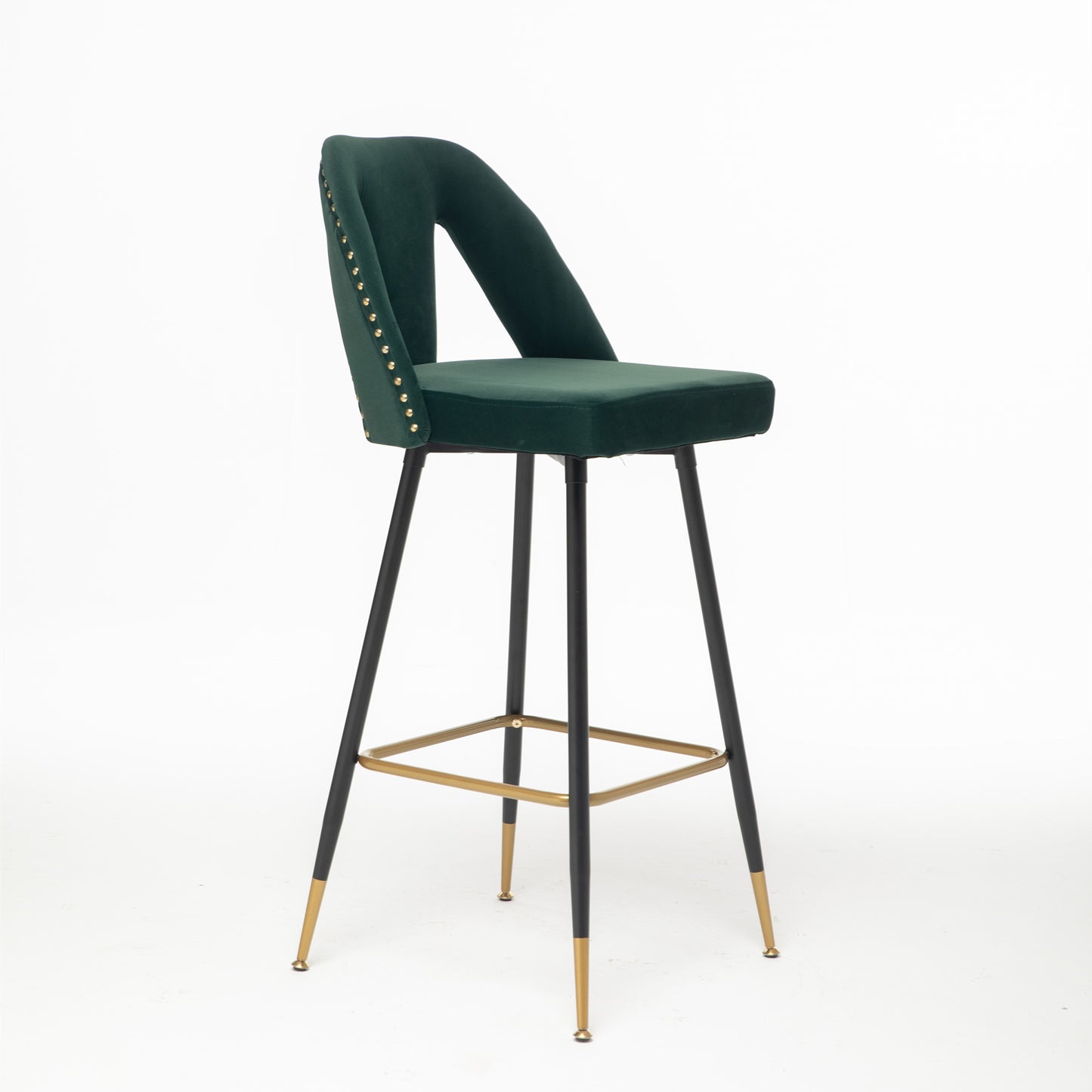2pcs Gold Accent Swivel Bar Stools Velvet Upholstery with Nailheads - Green_7