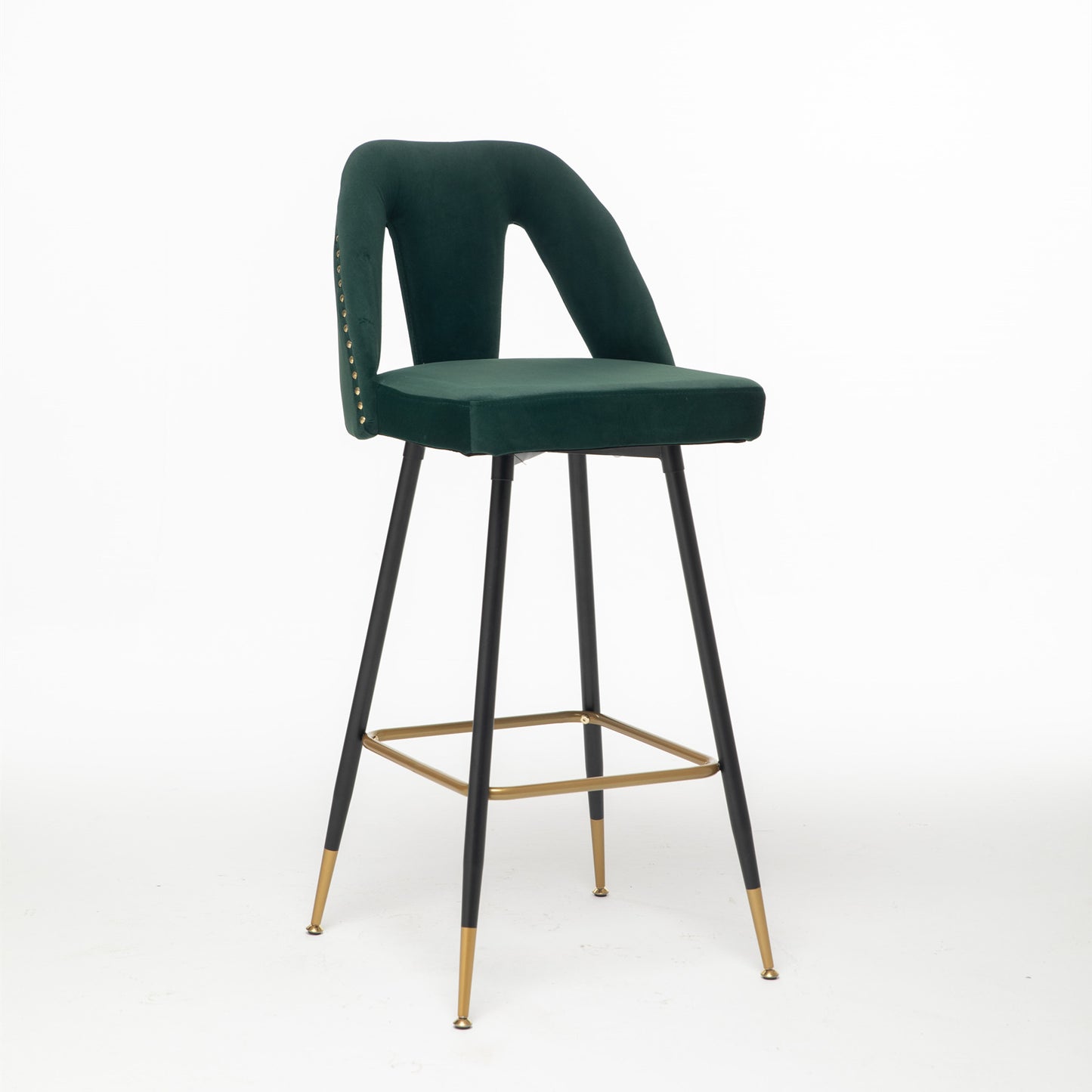2pcs Gold Accent Swivel Bar Stools Velvet Upholstery with Nailheads - Green_6