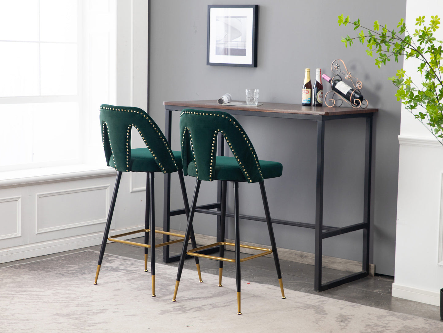 2pcs Gold Accent Swivel Bar Stools Velvet Upholstery with Nailheads - Green_3