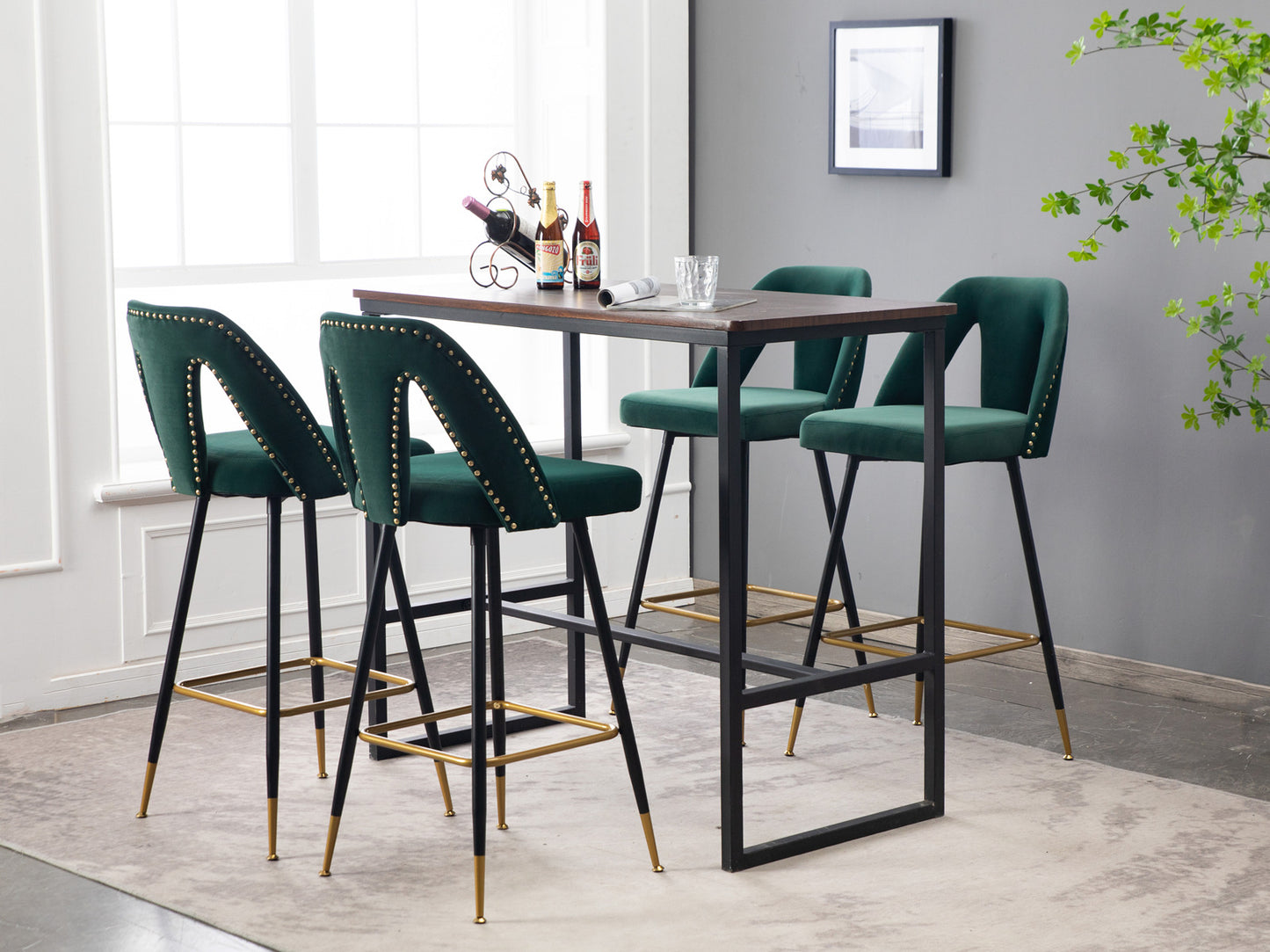2pcs Gold Accent Swivel Bar Stools Velvet Upholstery with Nailheads - Green_4