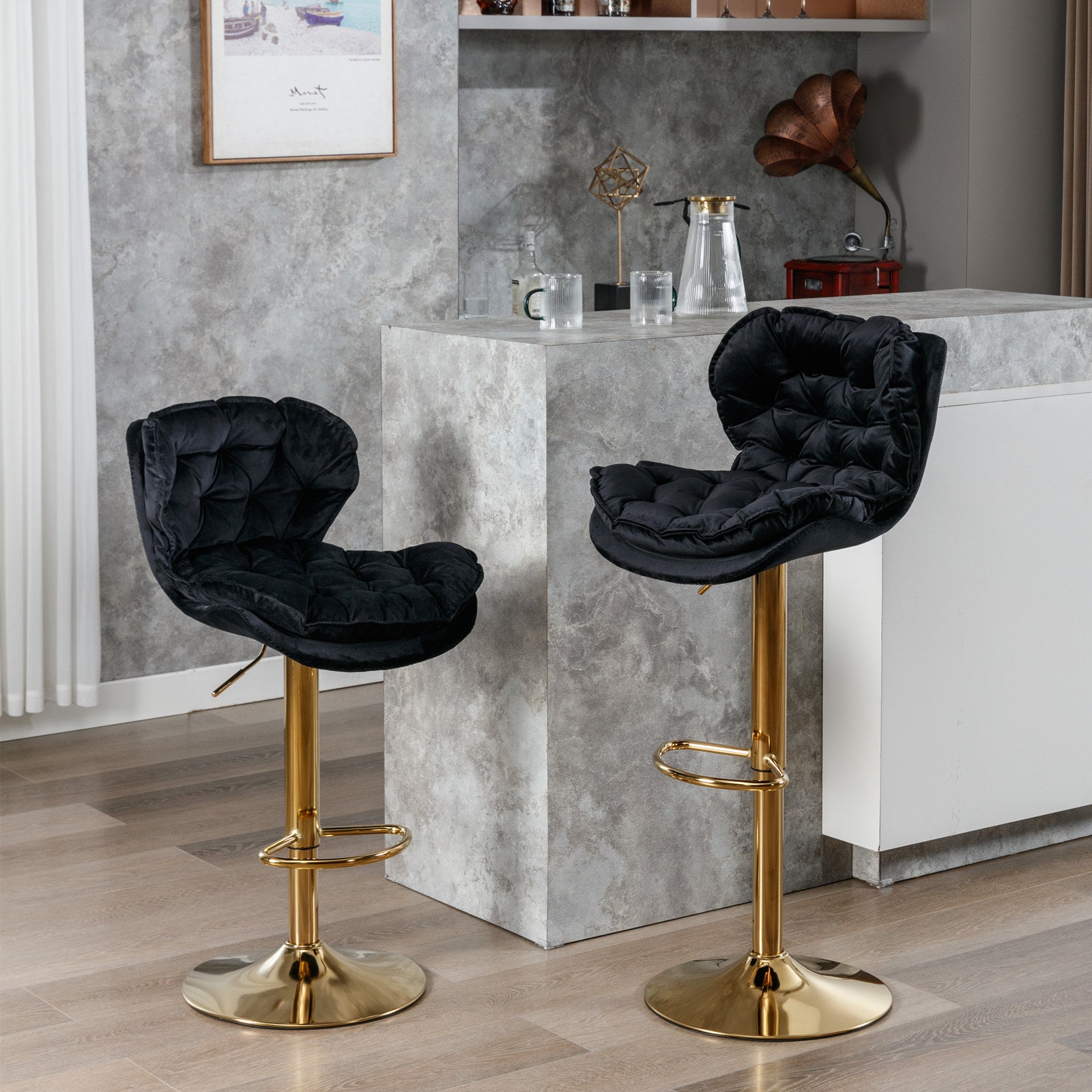 Swivel Bar Stools Set of 2 Counter Height Adjustable Velvet Upholstery- Black_16
