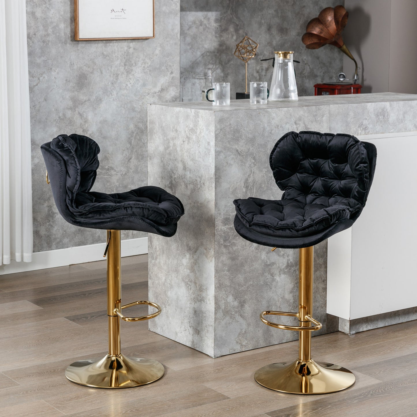 Swivel Bar Stools Set of 2 Counter Height Adjustable Velvet Upholstery- Black_15
