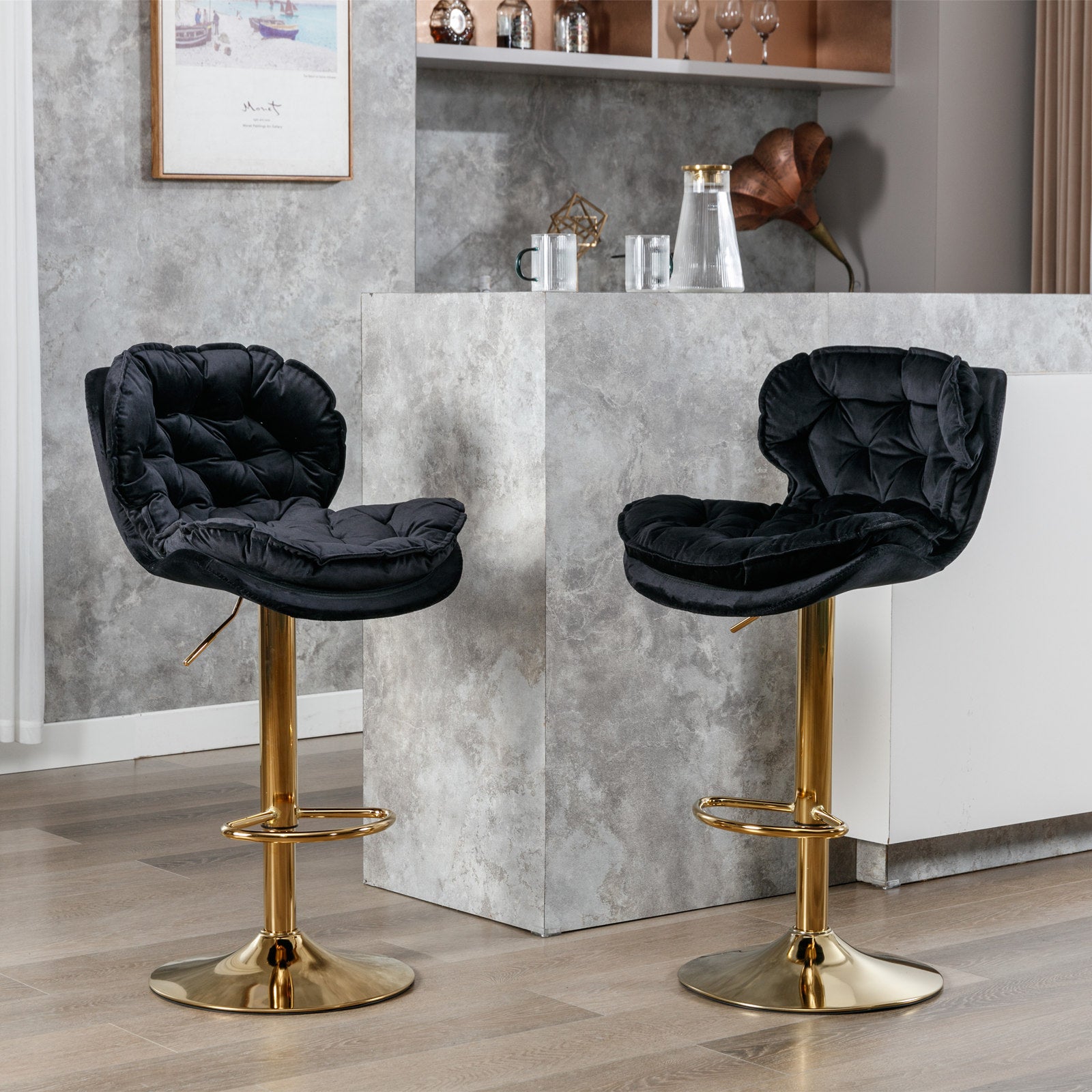 Swivel Bar Stools Set of 2 Counter Height Adjustable Velvet Upholstery- Black_13