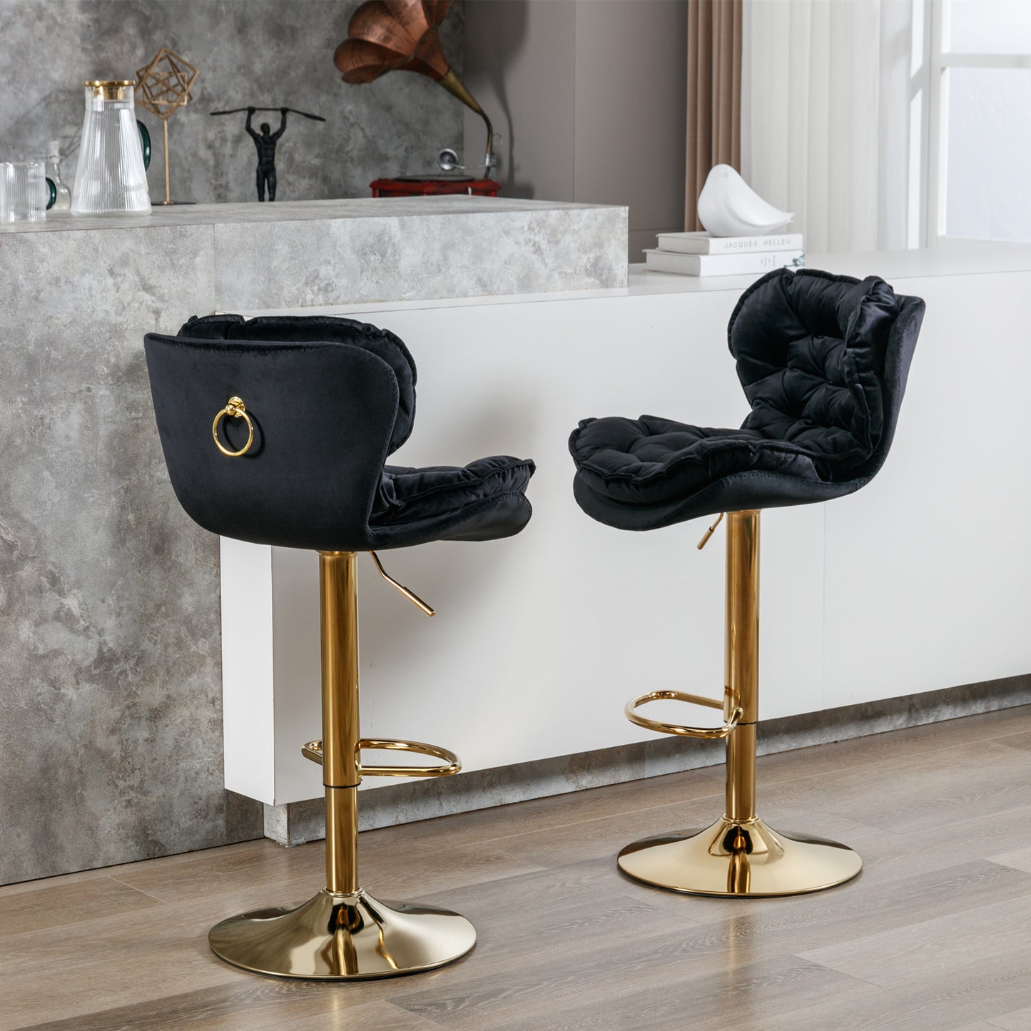 Swivel Bar Stools Set of 2 Counter Height Adjustable Velvet Upholstery- Black_14