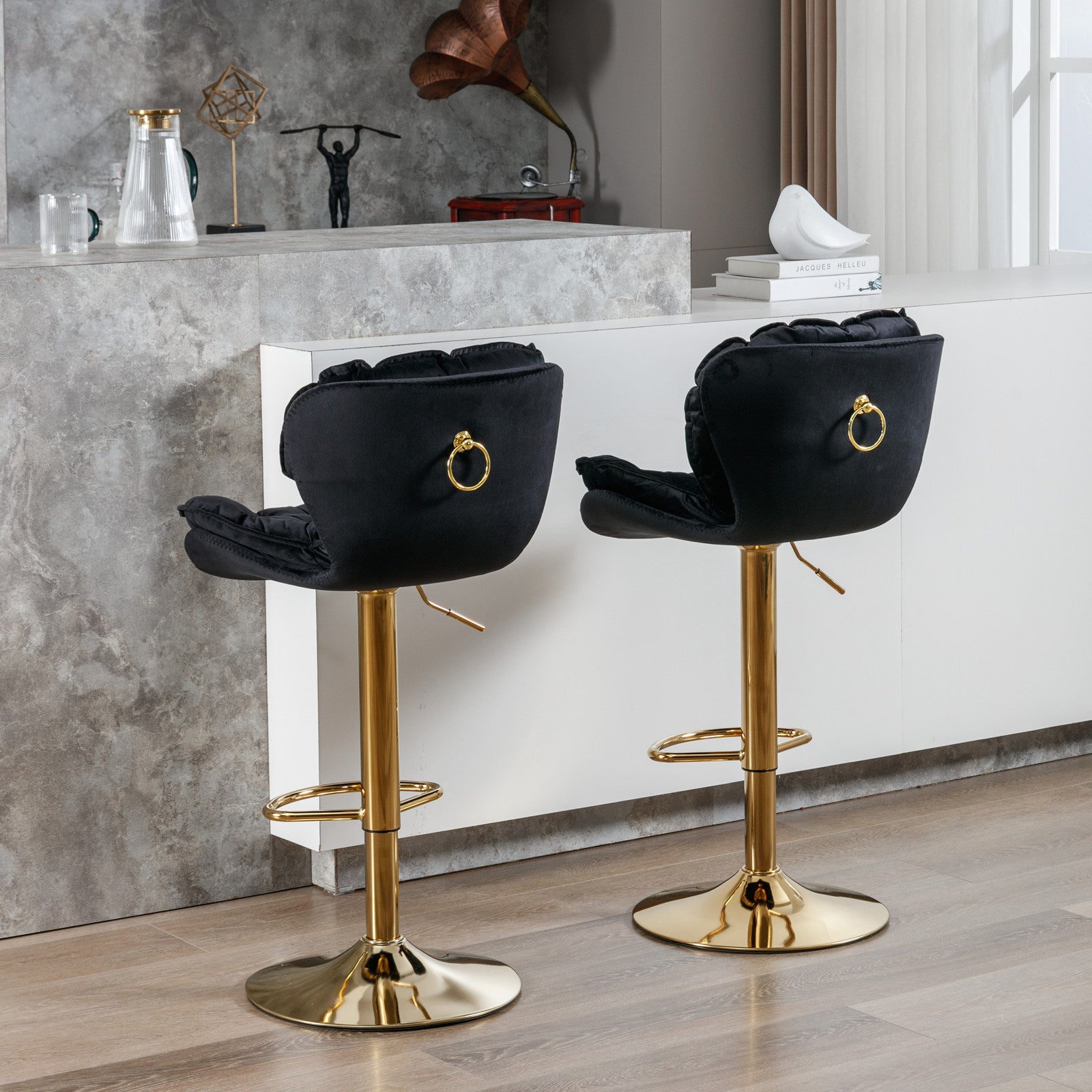 Swivel Bar Stools Set of 2 Counter Height Adjustable Velvet Upholstery- Black_17