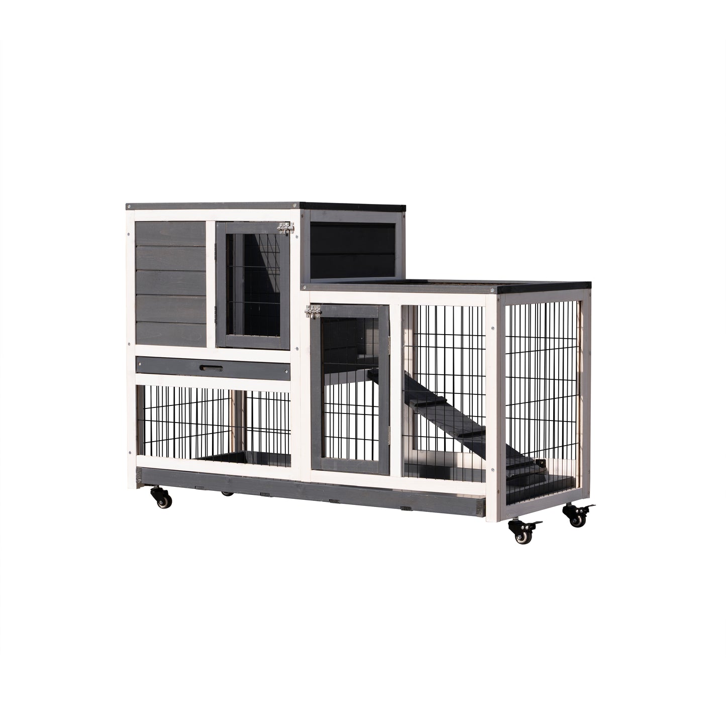 2 Storey Design Easy Access Modern Animal Crate Pet Hutch with Ramp and Wheels- Gray_5