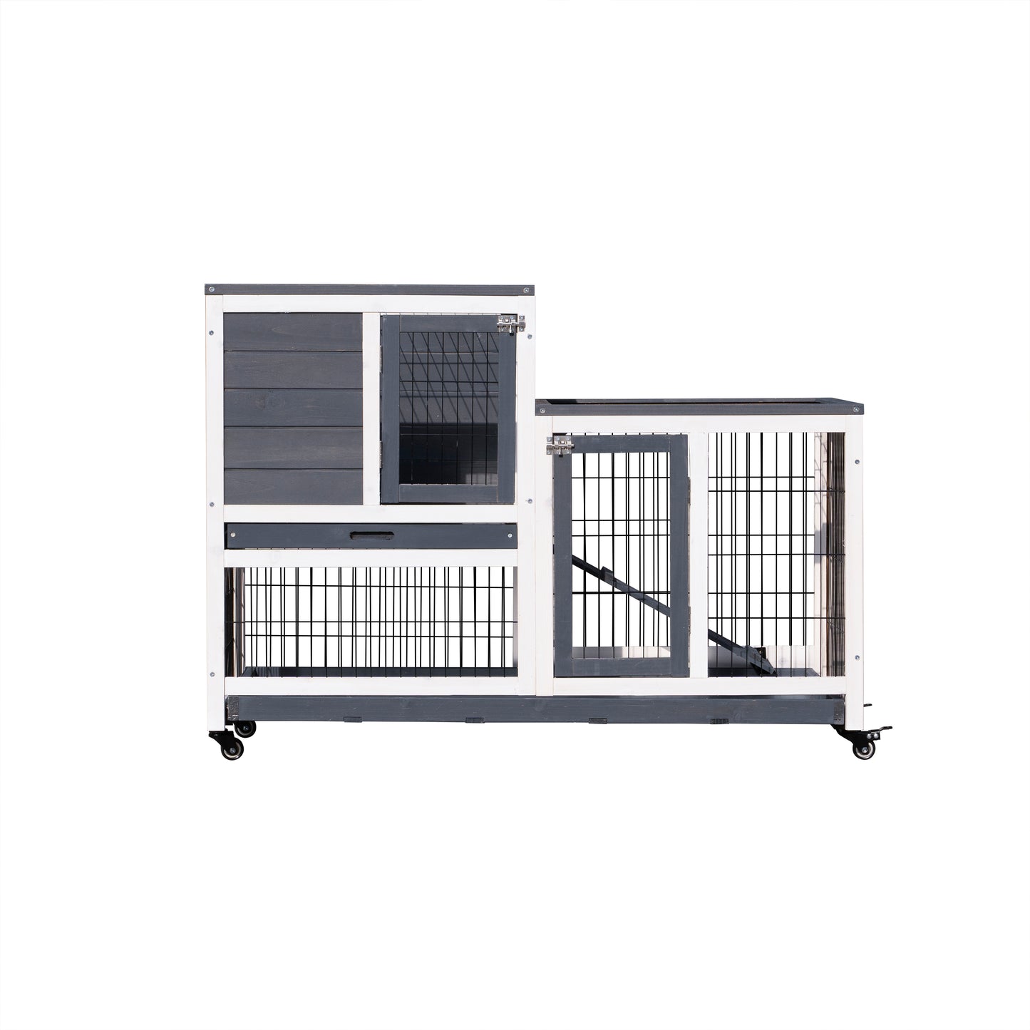 2 Storey Design Easy Access Modern Animal Crate Pet Hutch with Ramp and Wheels- Gray_3