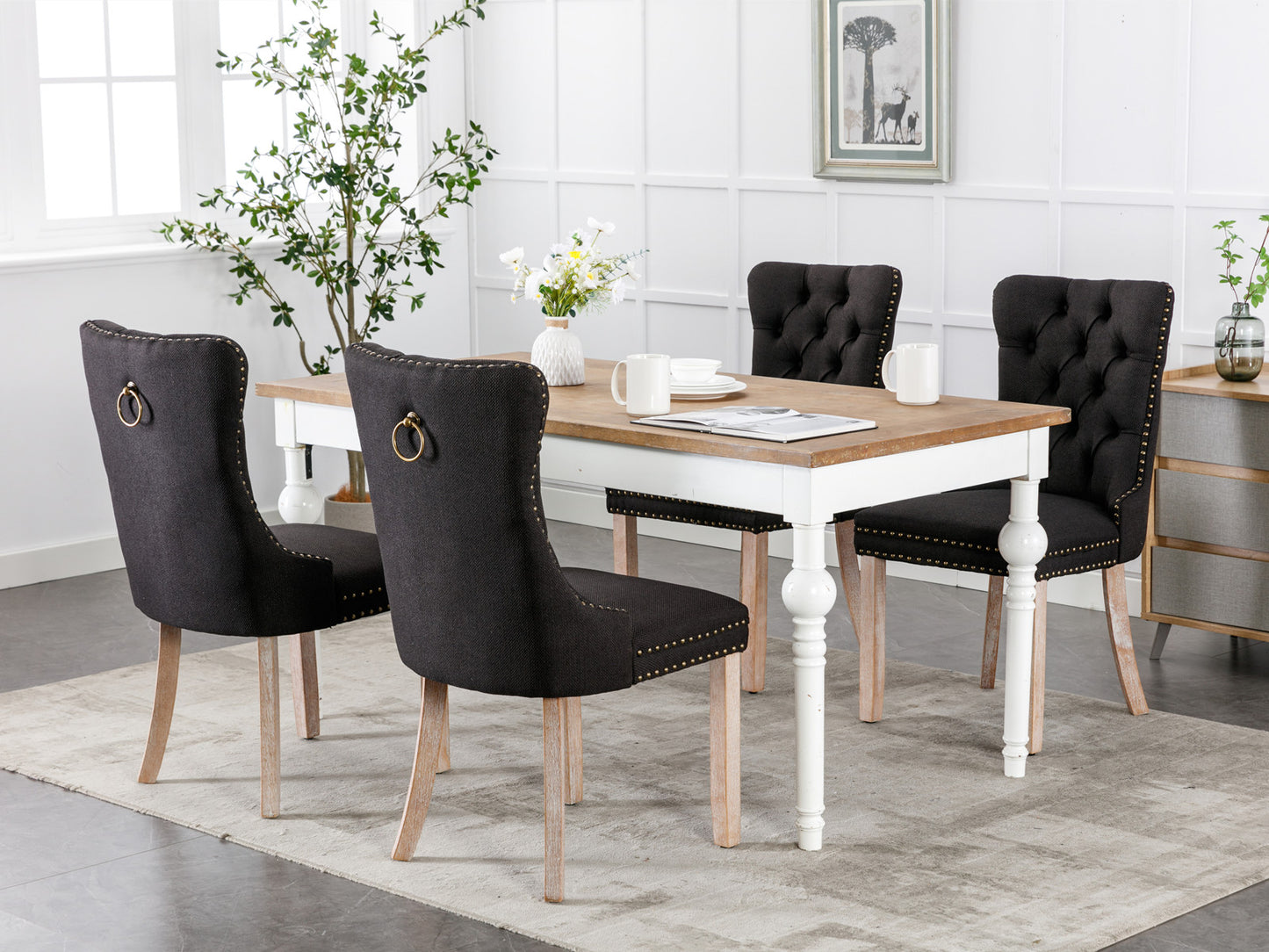 2 pcs Solid Wood High-End Tufted Contemporary Linen Chair with Wooden Legs- Black_5