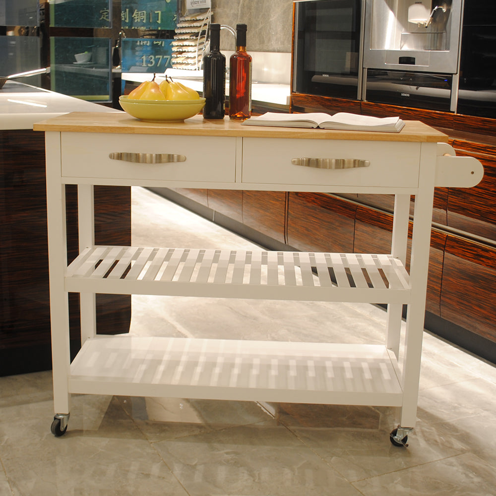 Rubber Wood Top Simple Design Mobile Kitchen Island with Two Lockable Wheels- White_19
