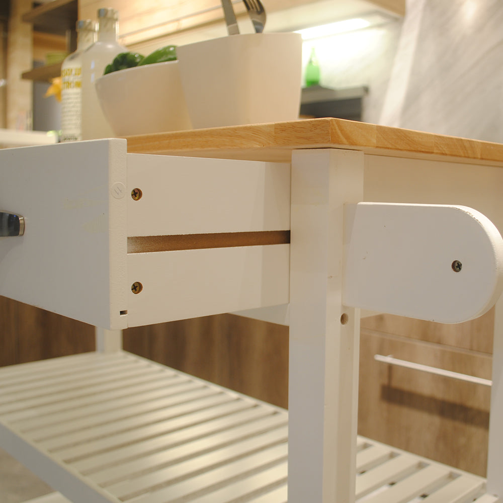 Rubber Wood Top Simple Design Mobile Kitchen Island with Two Lockable Wheels- White_26