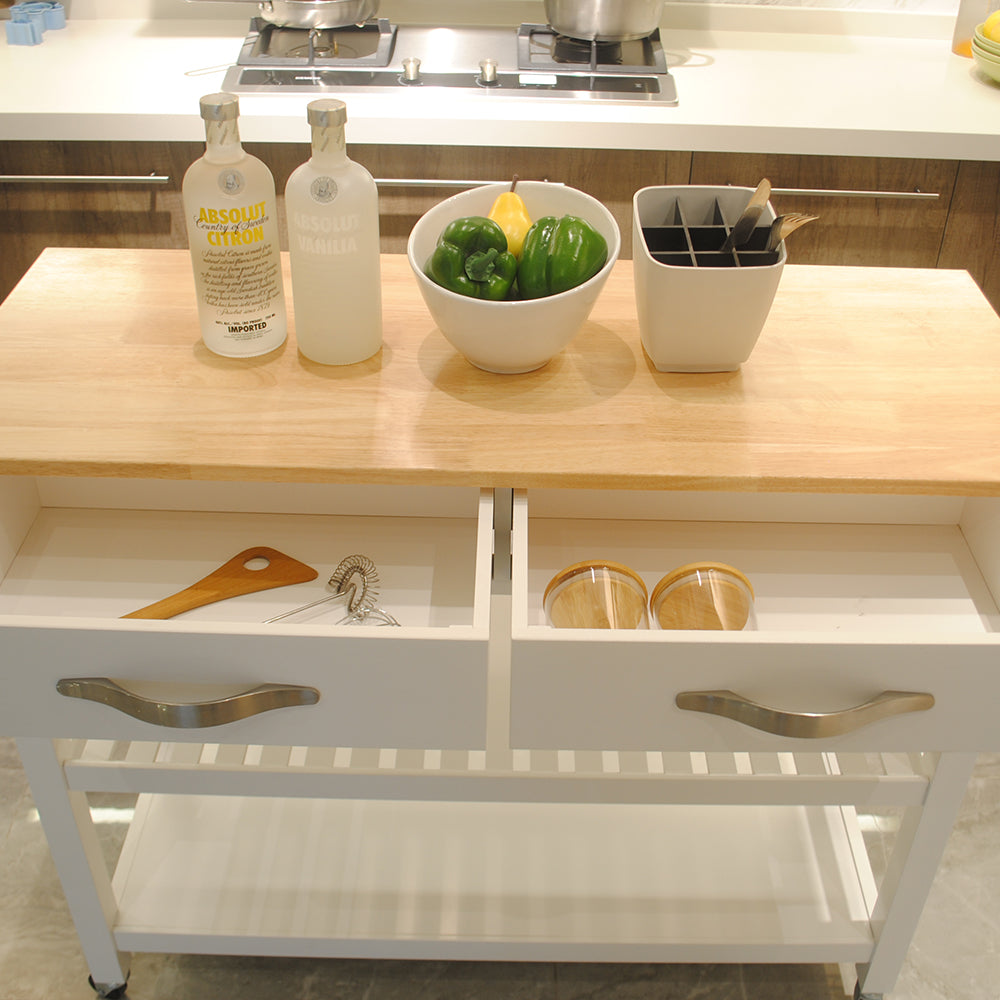 Rubber Wood Top Simple Design Mobile Kitchen Island with Two Lockable Wheels- White_25