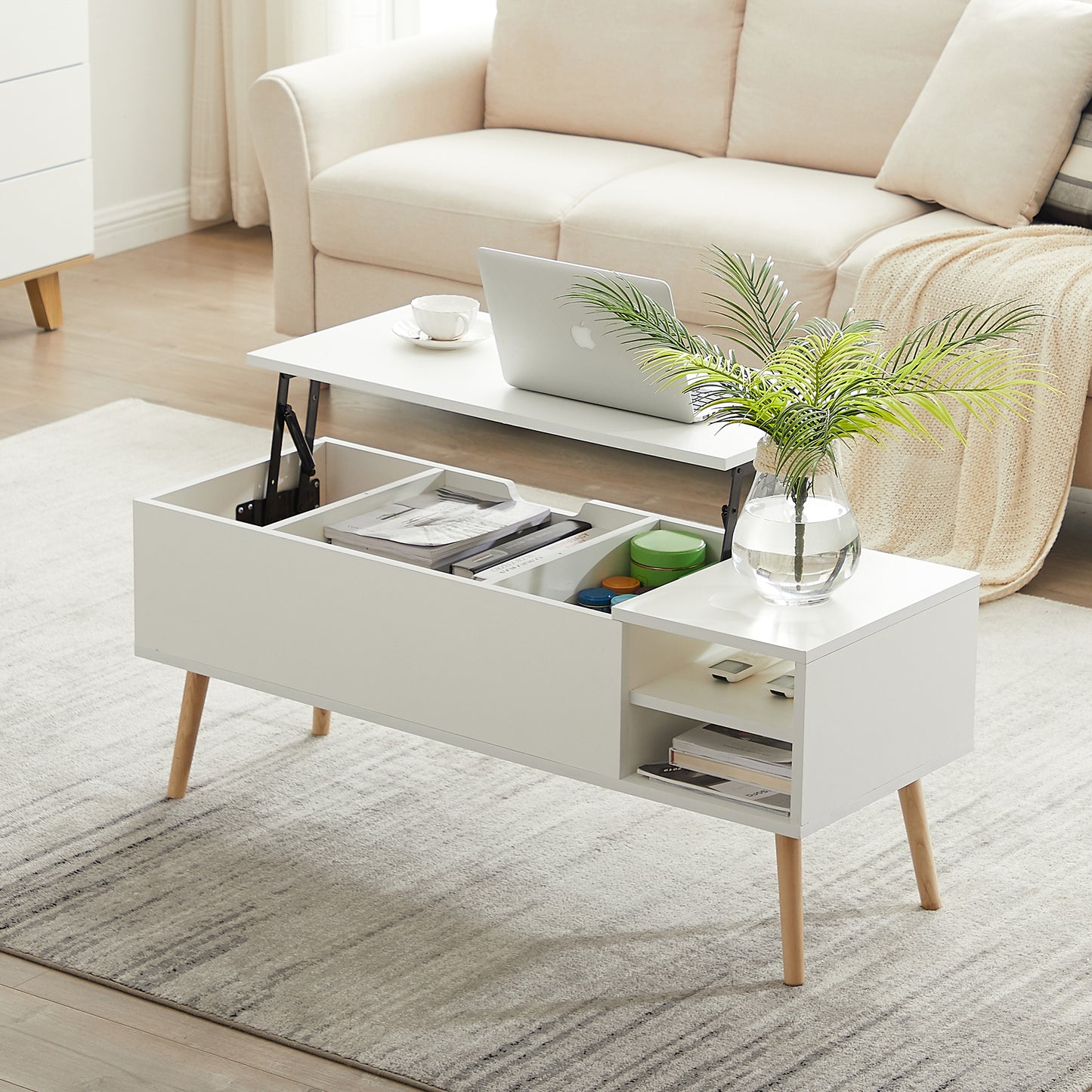 Lifting Top Living Room Coffee Table and Hidden Storage Cabinet- Matte White_2