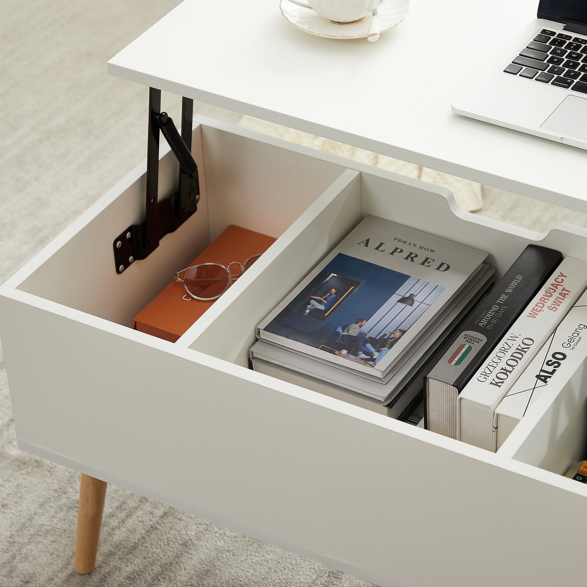 Lifting Top Living Room Coffee Table and Hidden Storage Cabinet- Matte White_3