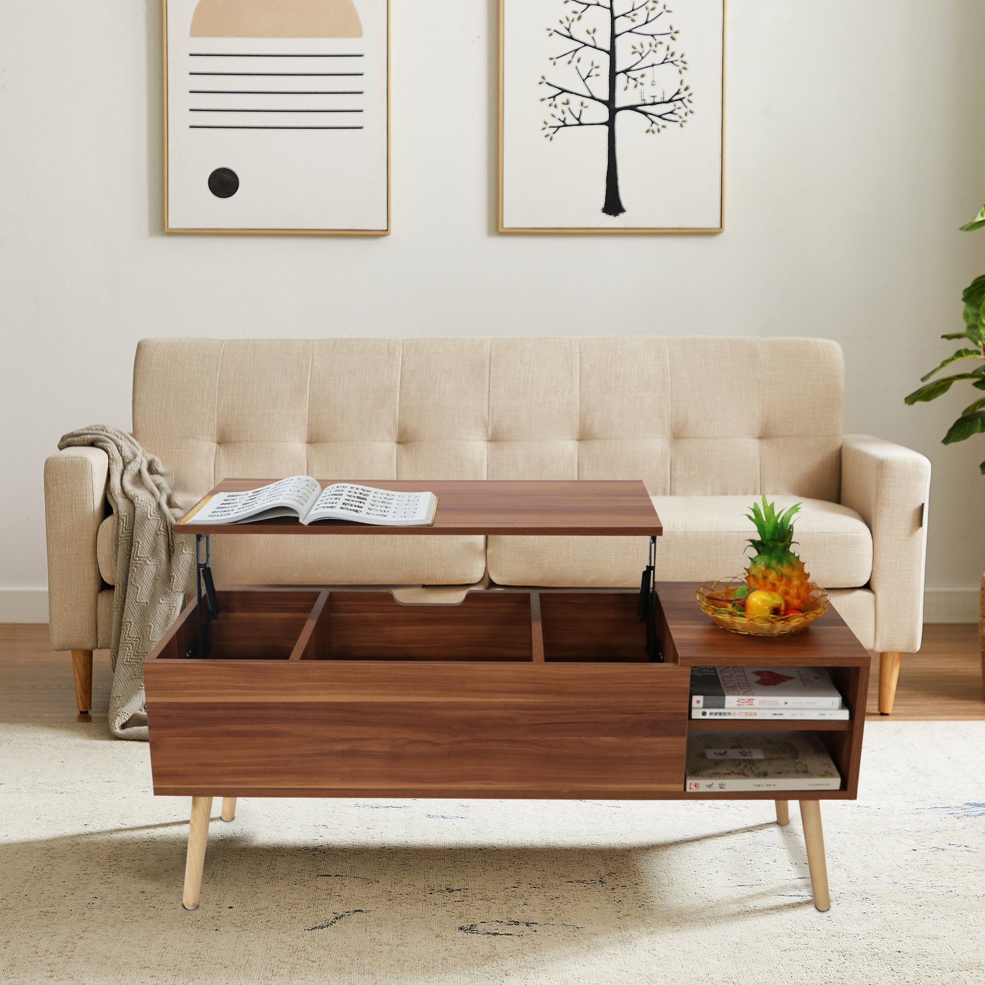 Lifting Top Living Room Coffee Table and Hidden Storage Cabinet- Brown+Beige_1