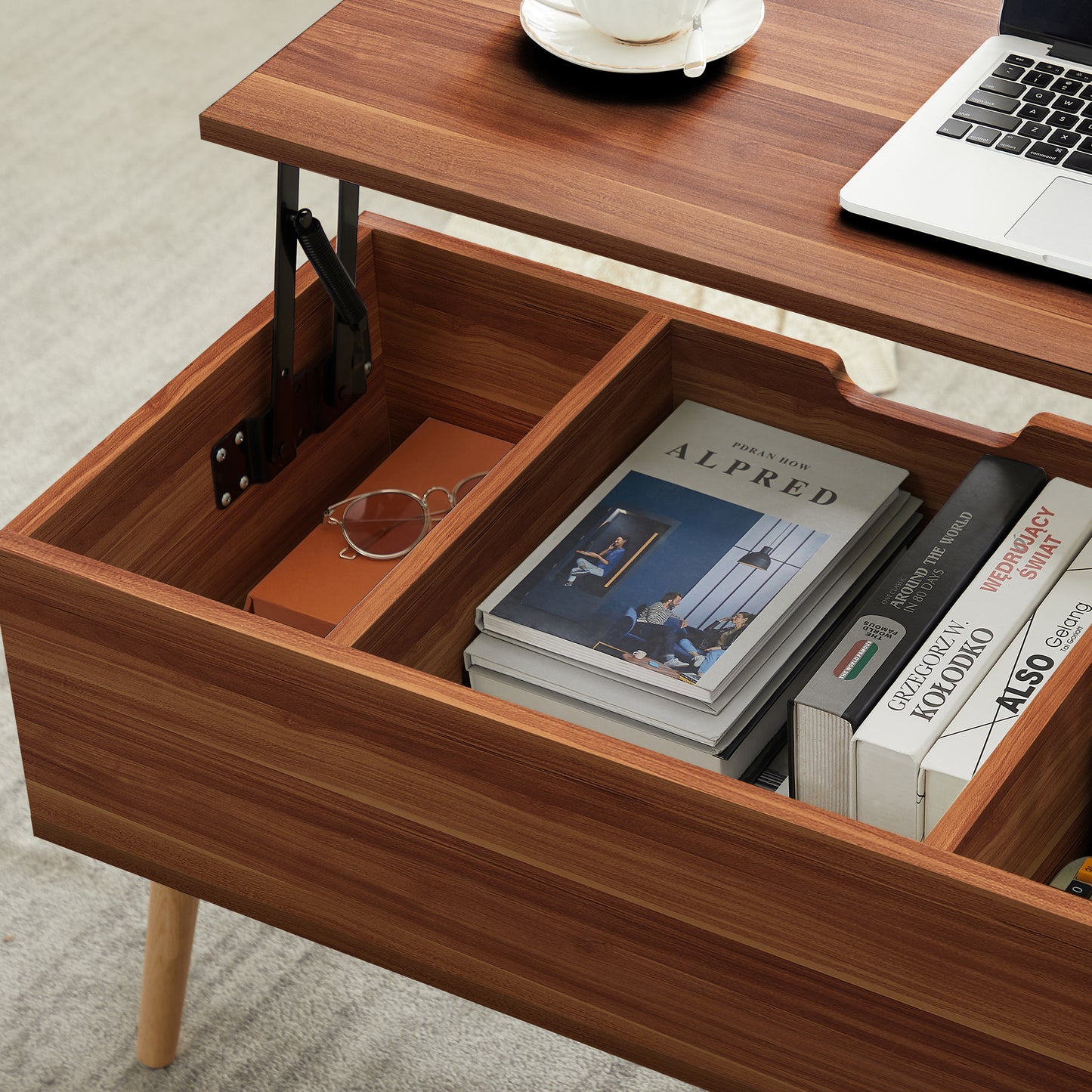 Lifting Top Living Room Coffee Table and Hidden Storage Cabinet- Brown+Beige_11