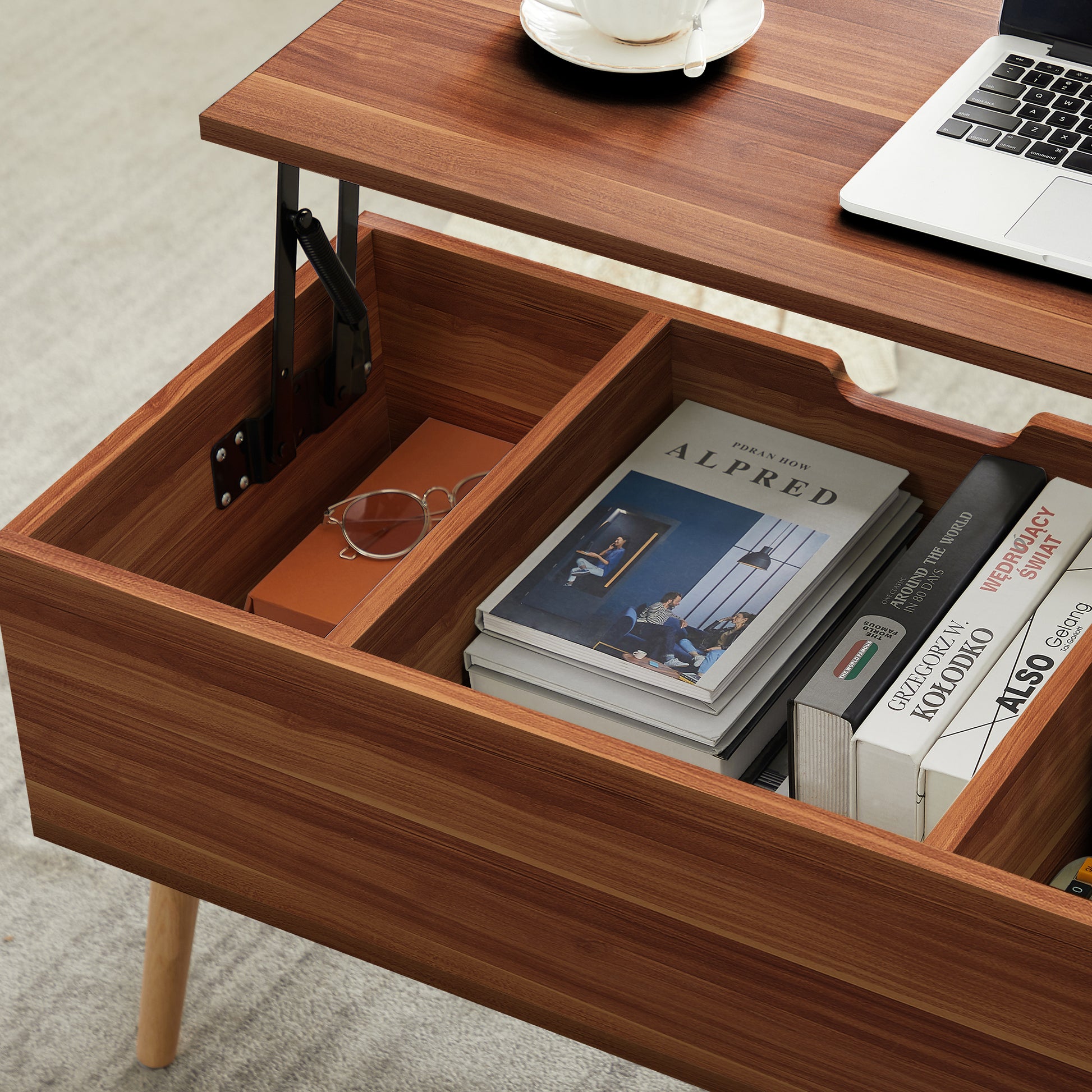 Lifting Top Living Room Coffee Table and Hidden Storage Cabinet- Brown+Beige_11