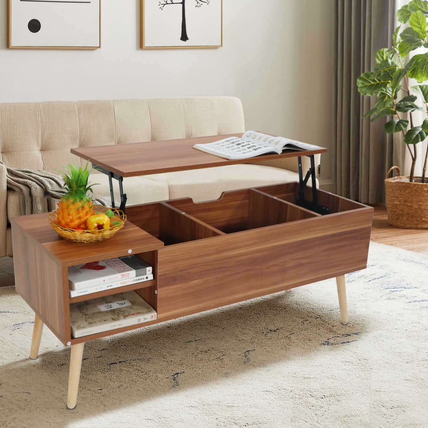 Lifting Top Living Room Coffee Table and Hidden Storage Cabinet- Brown+Beige_2