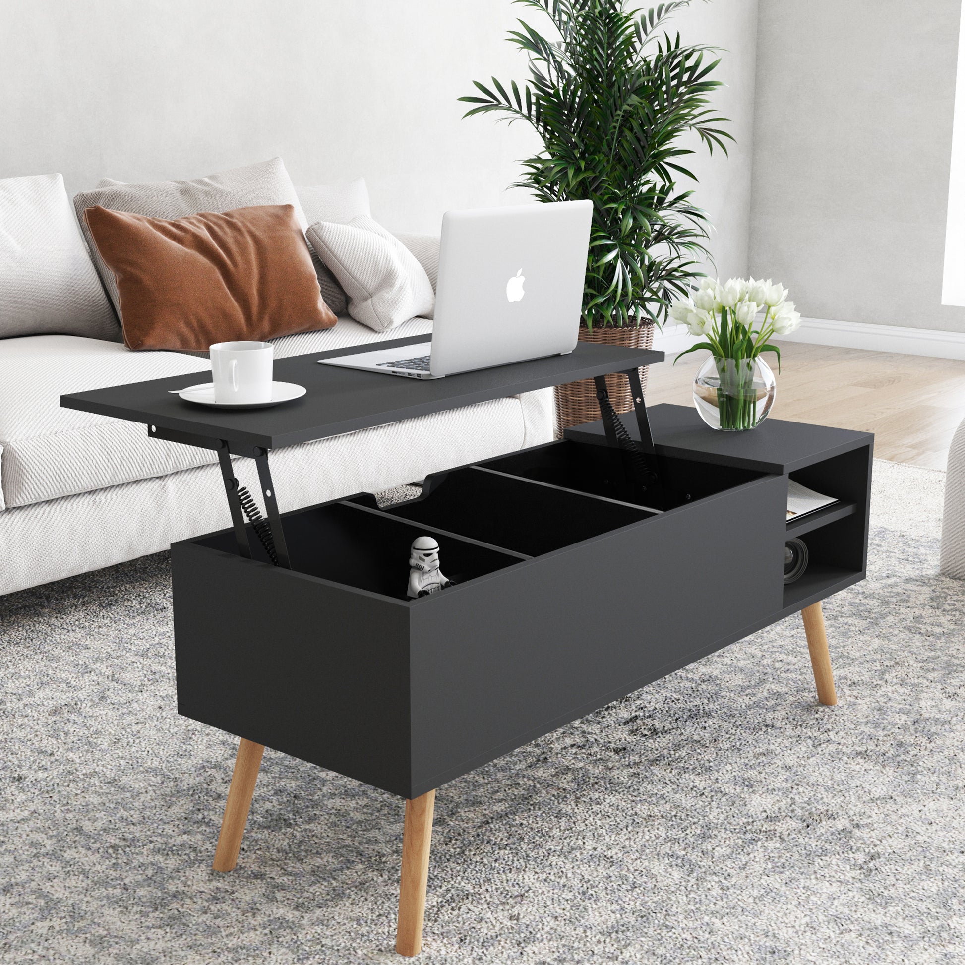 Lifting Top Living Room Coffee Table and Hidden Storage Cabinet- Antique Black_2