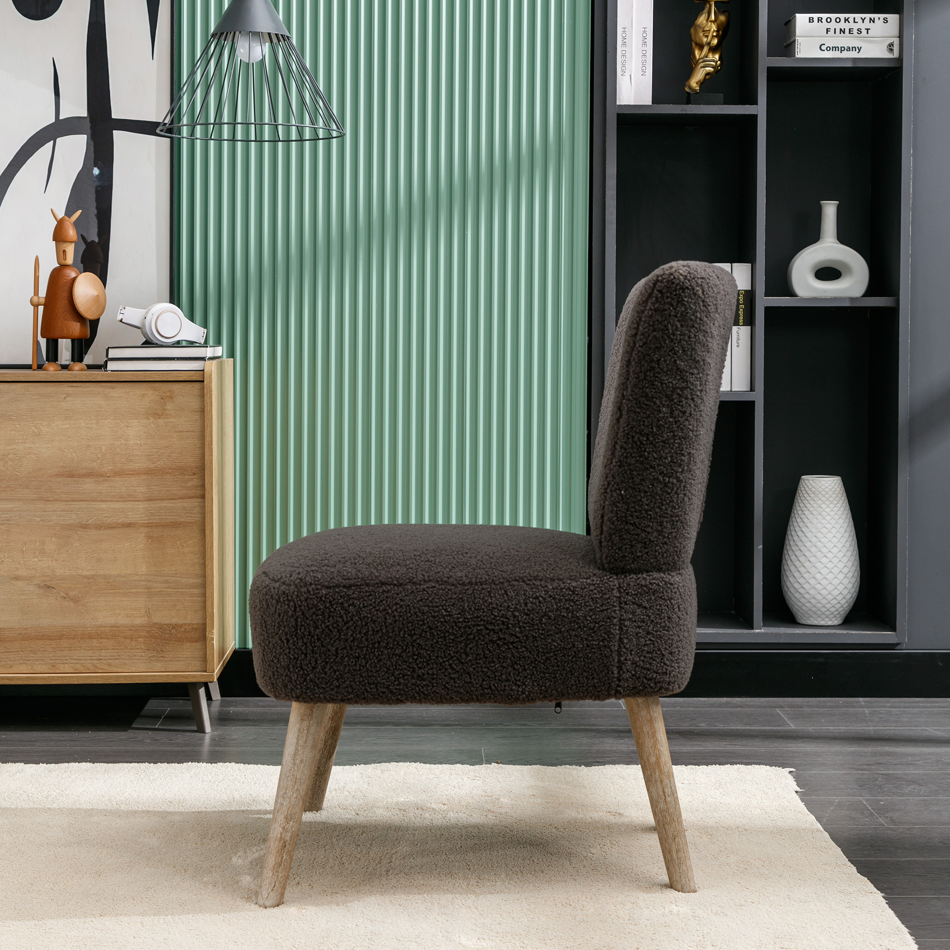 Modern Armless Accent Teddy Fabric Button Chair with Wooden Legs- Dark Grey_3