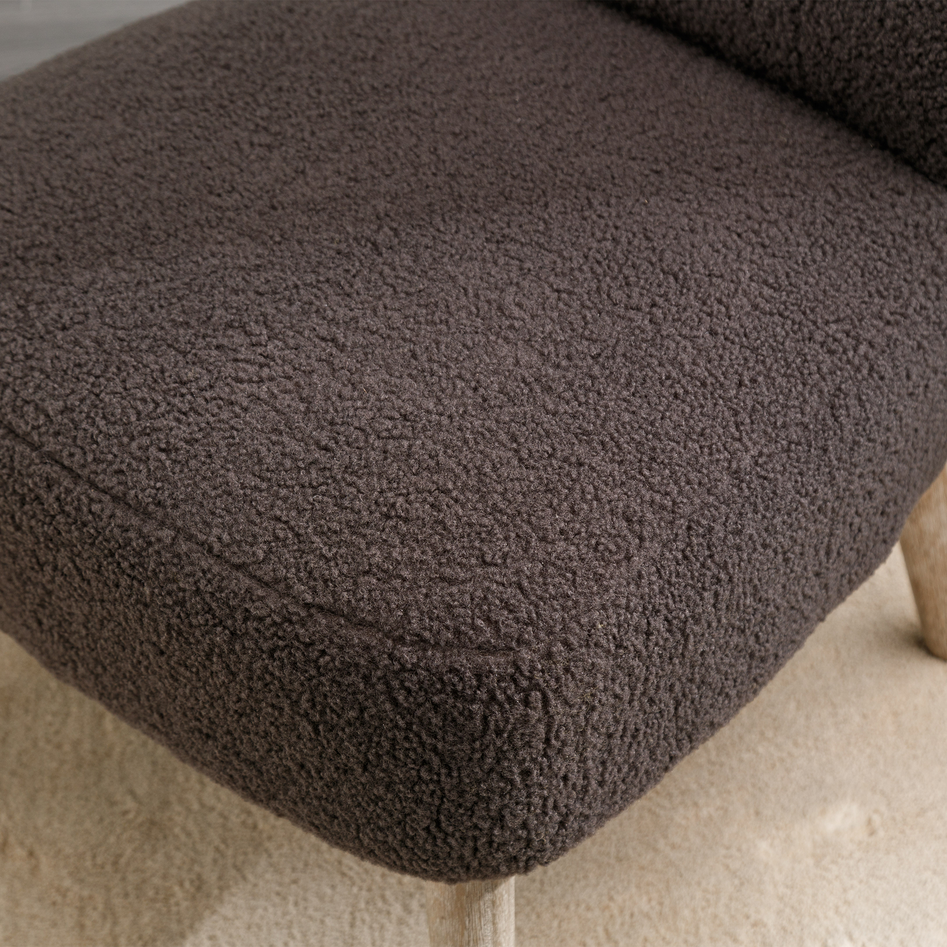 Modern Armless Accent Teddy Fabric Button Chair with Wooden Legs- Dark Grey_4