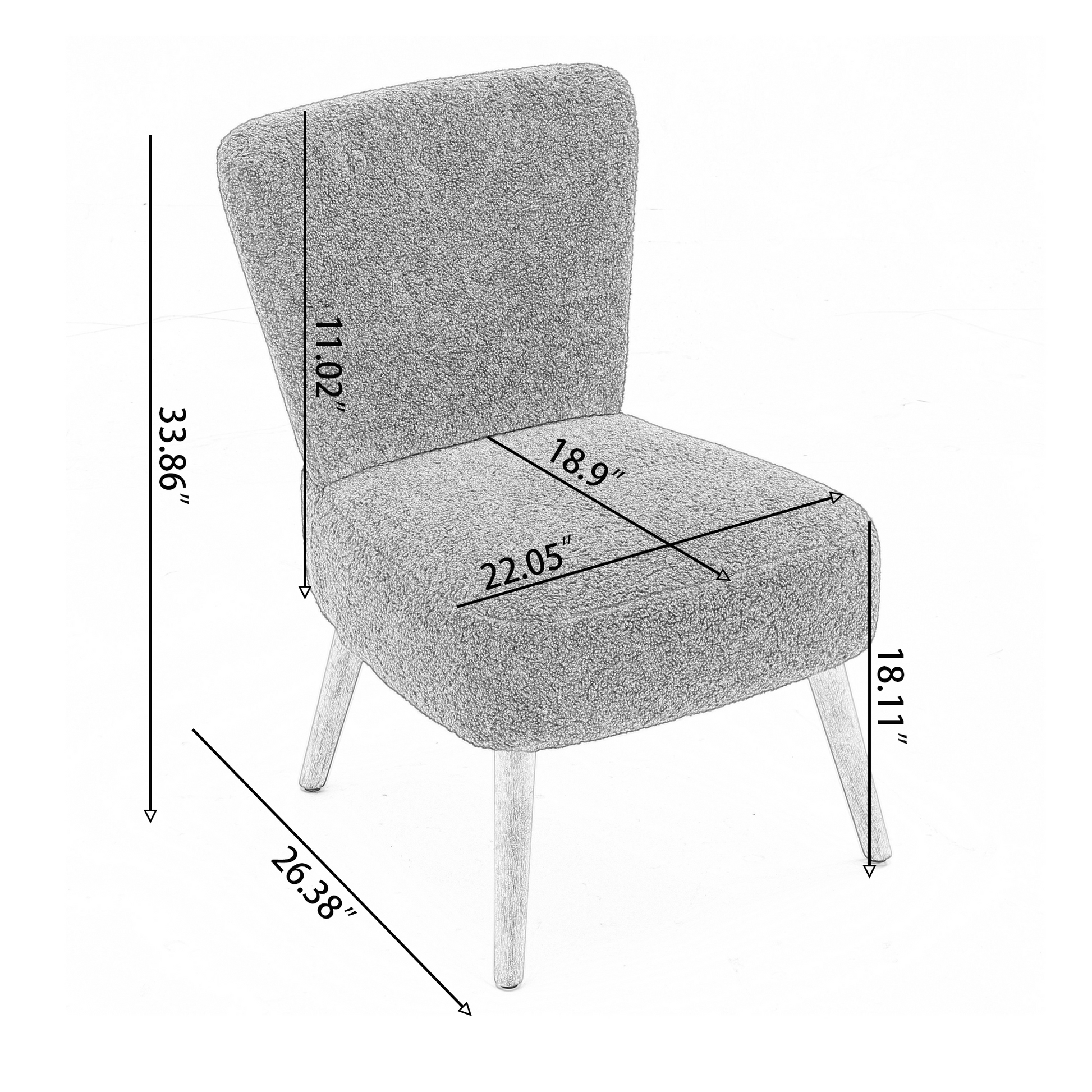 Modern Armless Accent Teddy Fabric Button Chair with Wooden Legs- Dark Grey_5