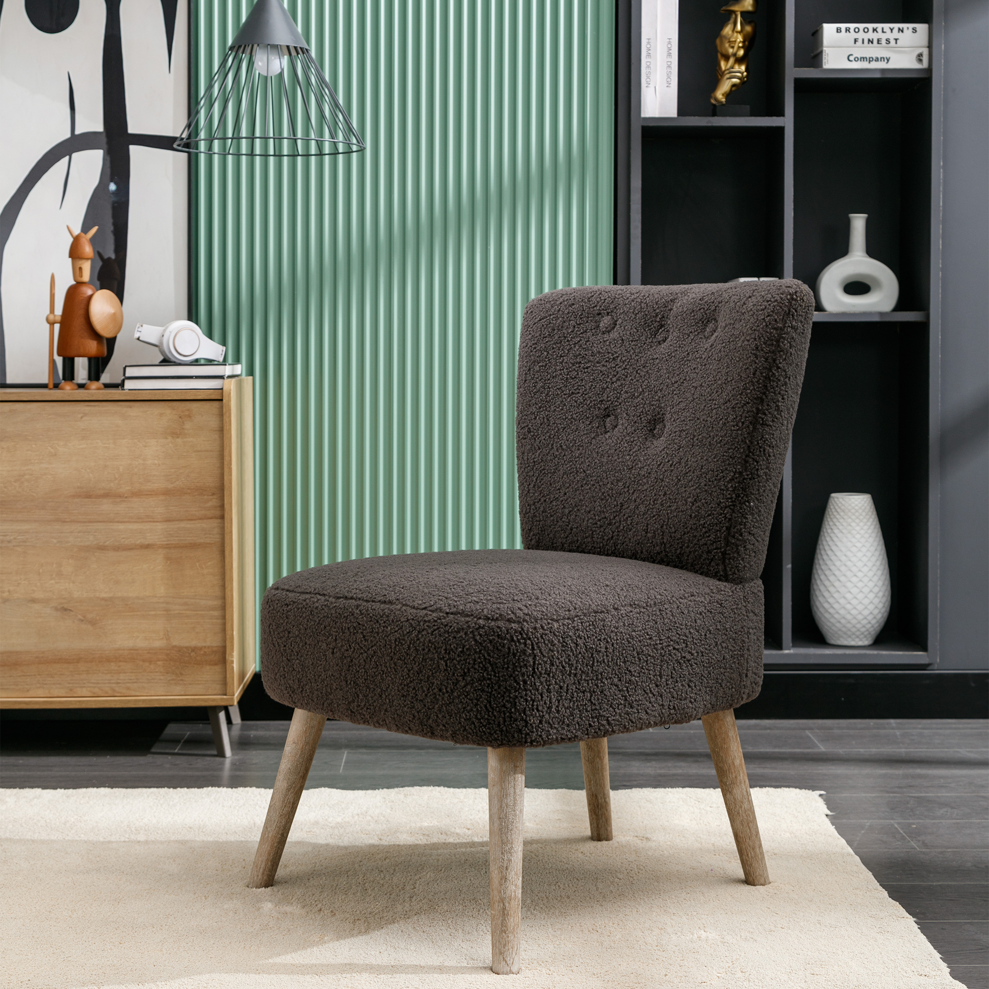 Modern Armless Accent Teddy Fabric Button Chair with Wooden Legs- Dark Grey_6