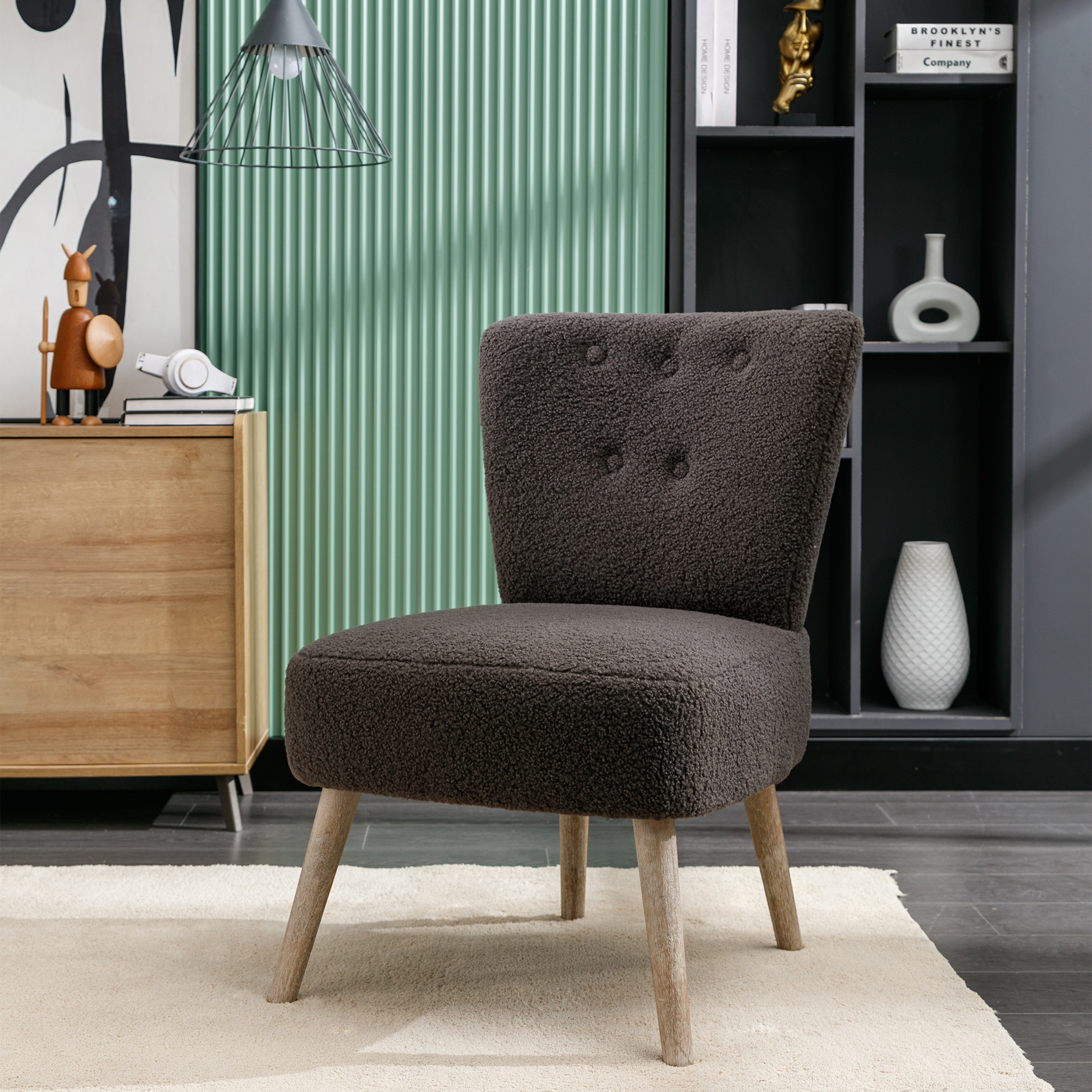 Modern Armless Accent Teddy Fabric Button Chair with Wooden Legs- Dark Grey_1