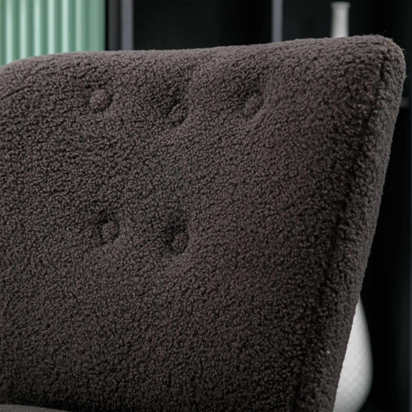 Modern Armless Accent Teddy Fabric Button Chair with Wooden Legs- Dark Grey_8