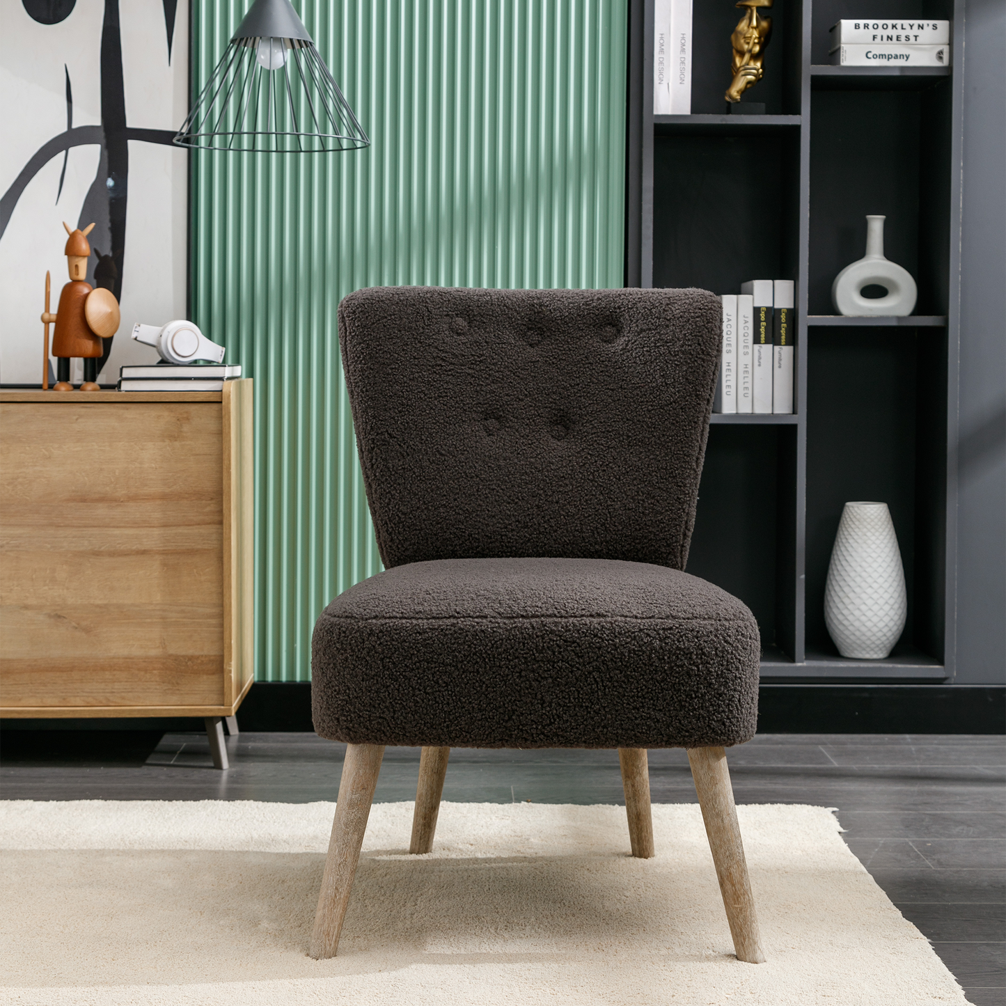 Modern Armless Accent Teddy Fabric Button Chair with Wooden Legs- Dark Grey_11