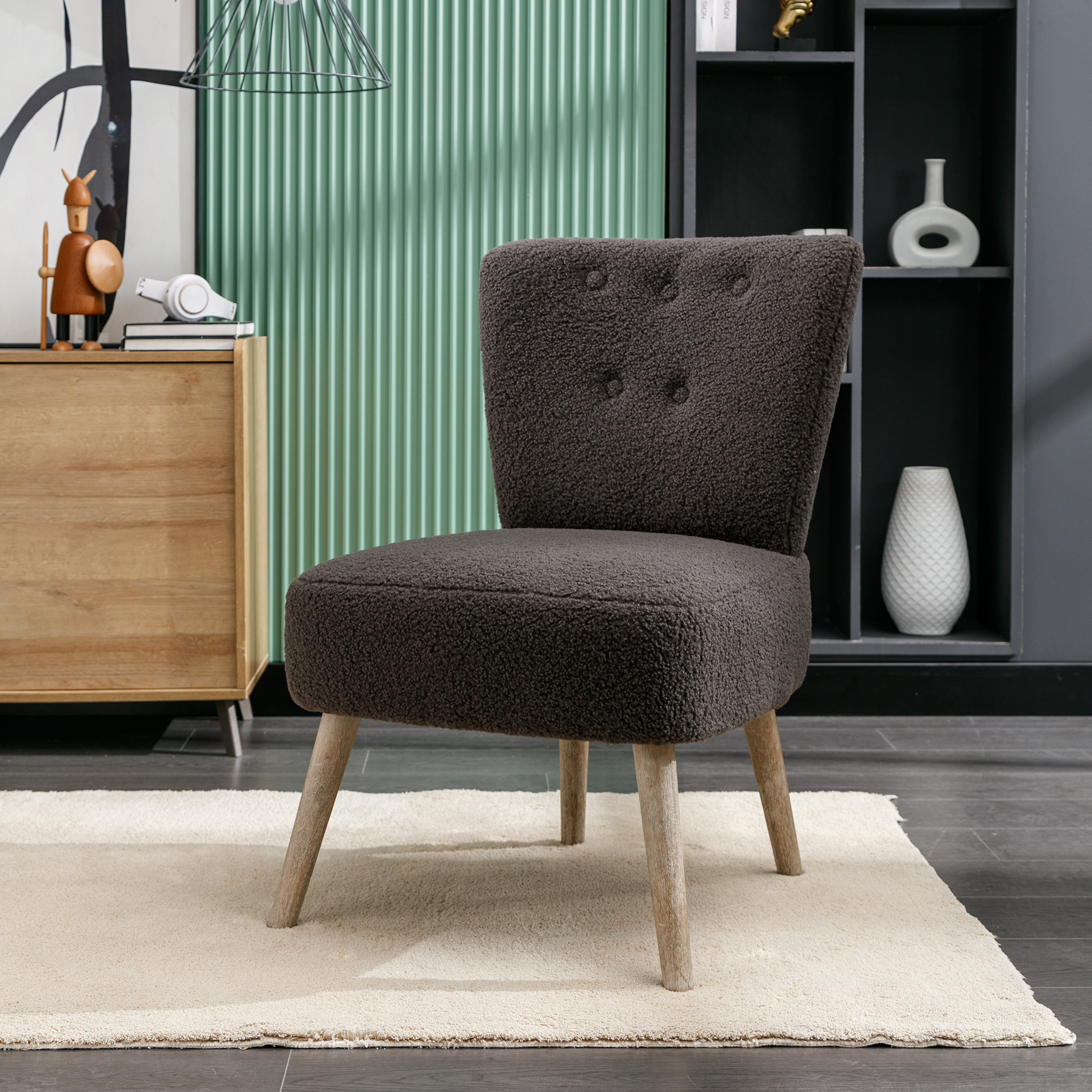 Modern Armless Accent Teddy Fabric Button Chair with Wooden Legs- Dark Grey_12