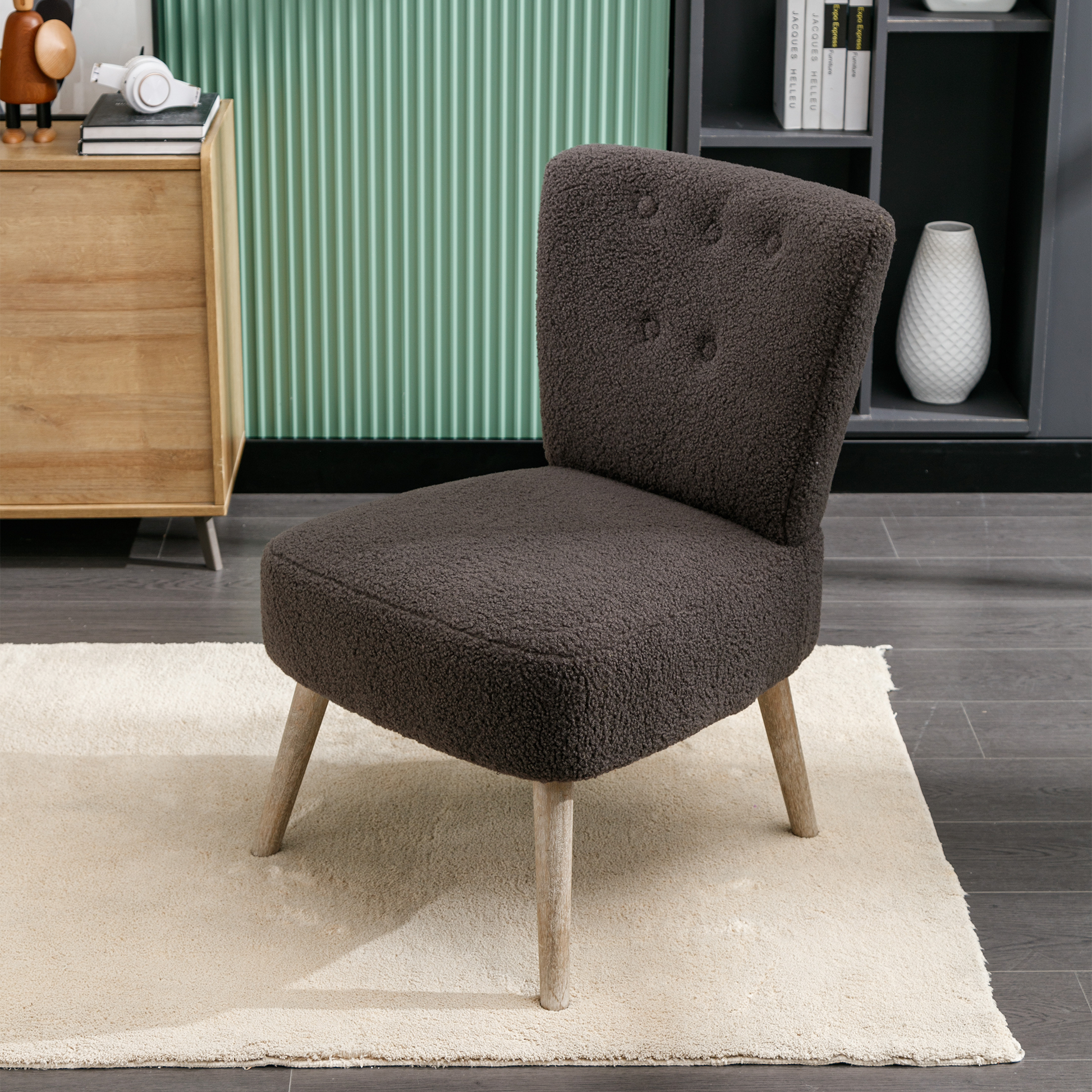 Modern Armless Accent Teddy Fabric Button Chair with Wooden Legs- Dark Grey_13
