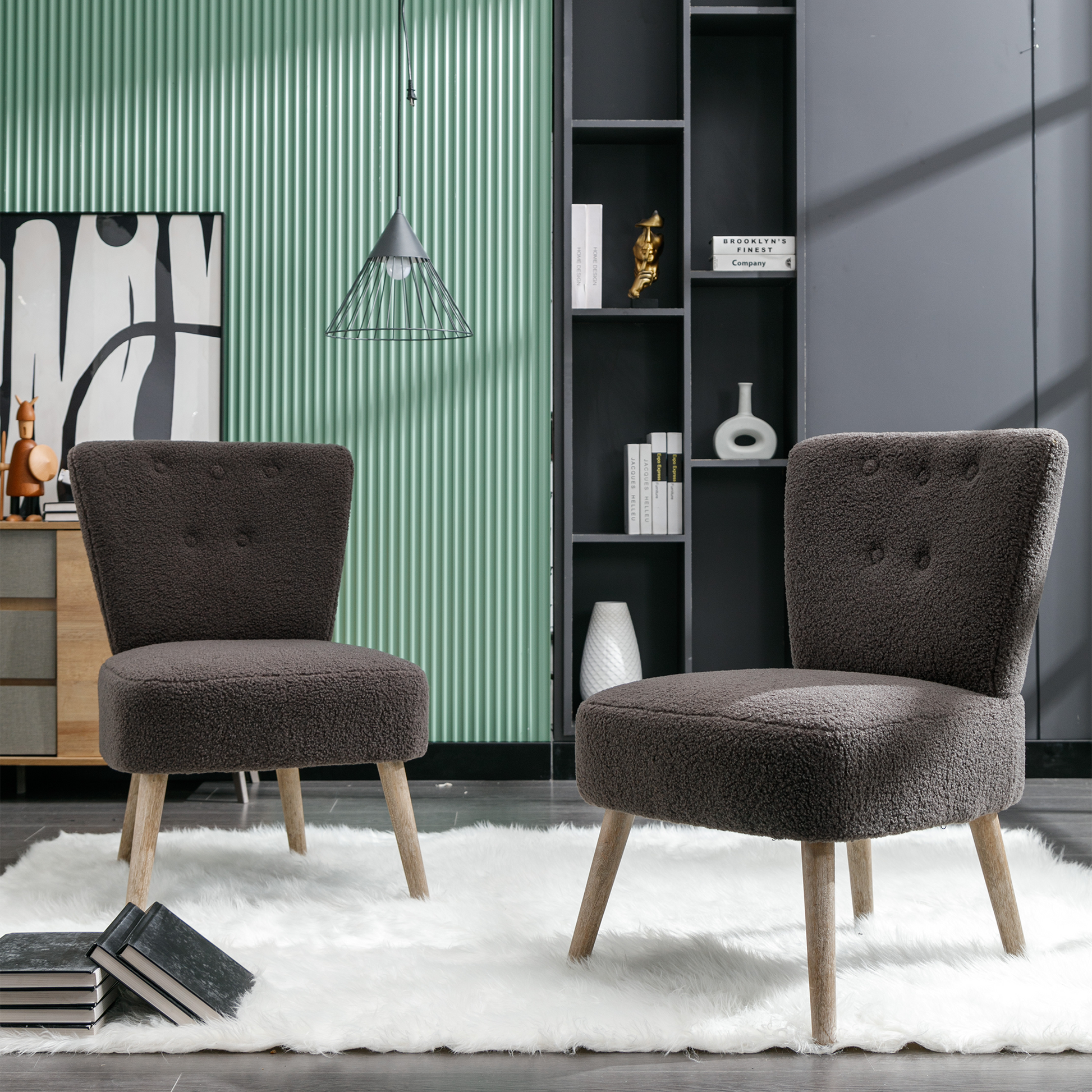 Modern Armless Accent Teddy Fabric Button Chair with Wooden Legs- Dark Grey_15