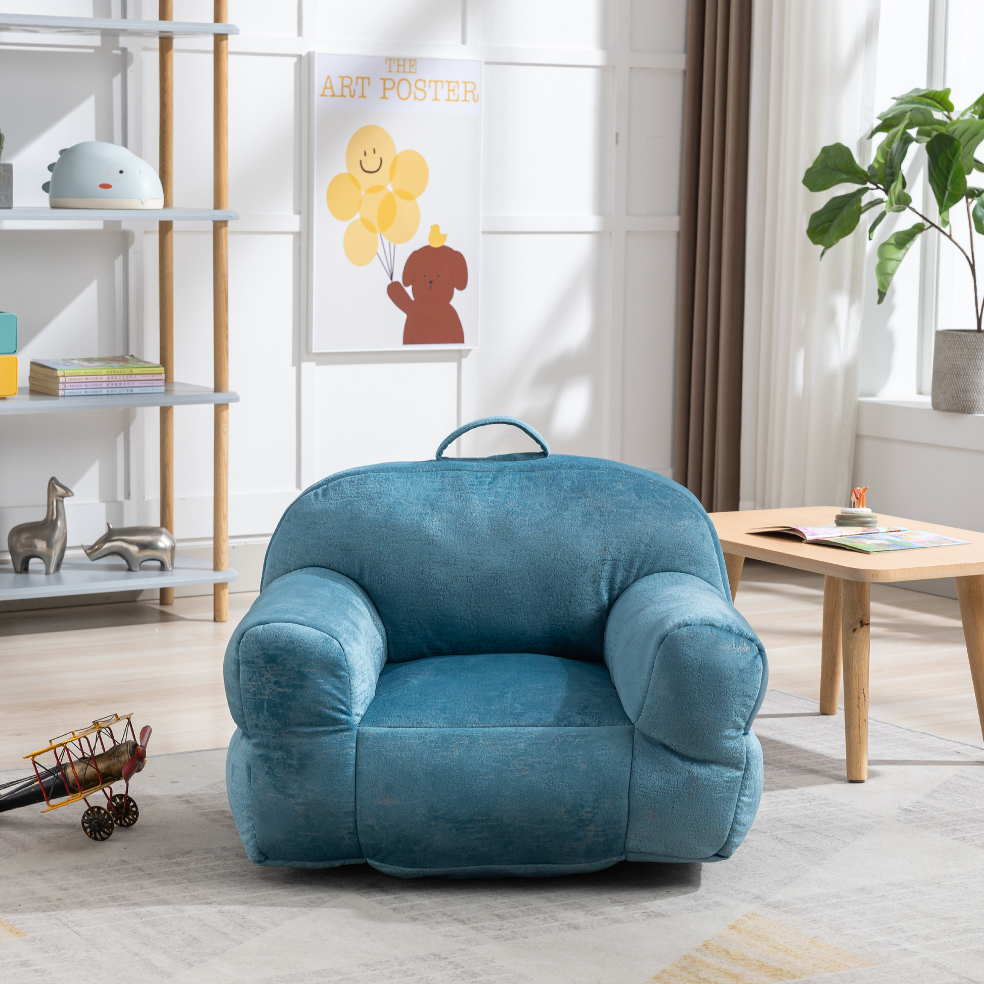 Indoor Use Memory Foam Stuffed Velvet Bean Bag Chair for Children- Blue_1